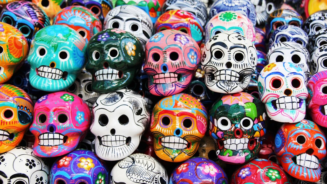 a stack of colorful plastic skeletons