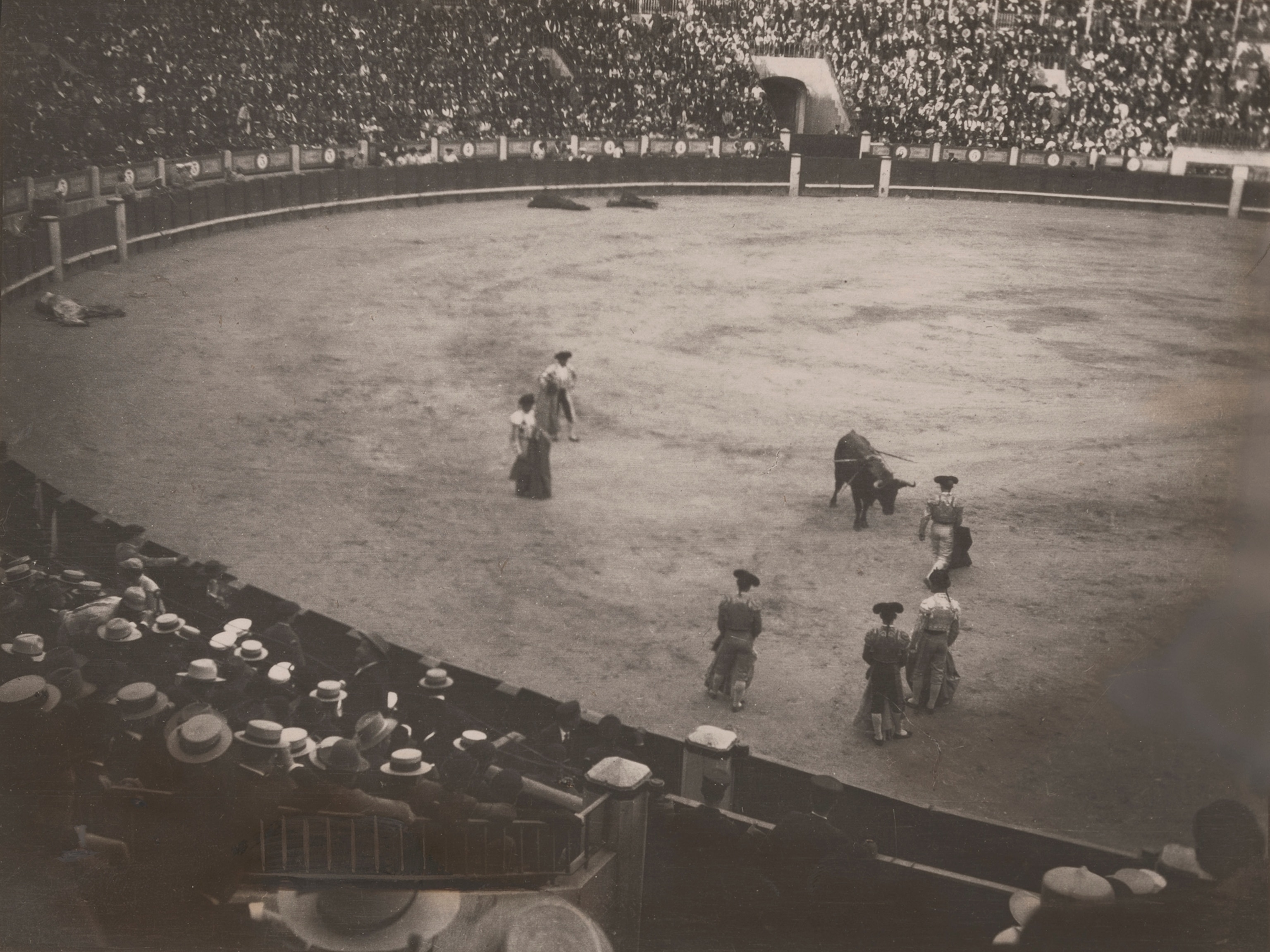 A crowd of people watch a bullfight in a stadium.