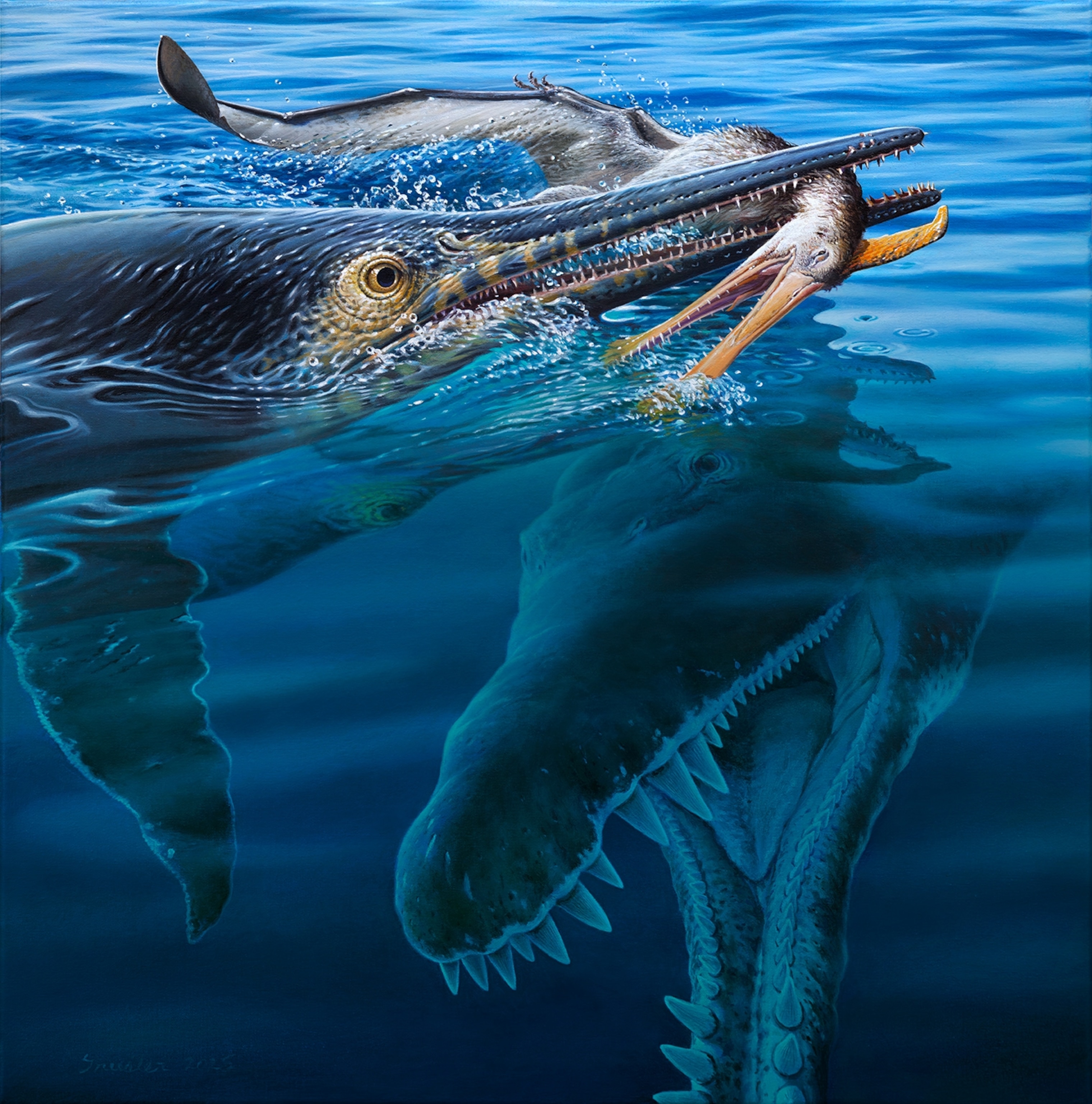 A large marine reptile with sharp teeth emerges from blue water, catching a flying pterosaur in its jaws, with an even larger reptile visible below.