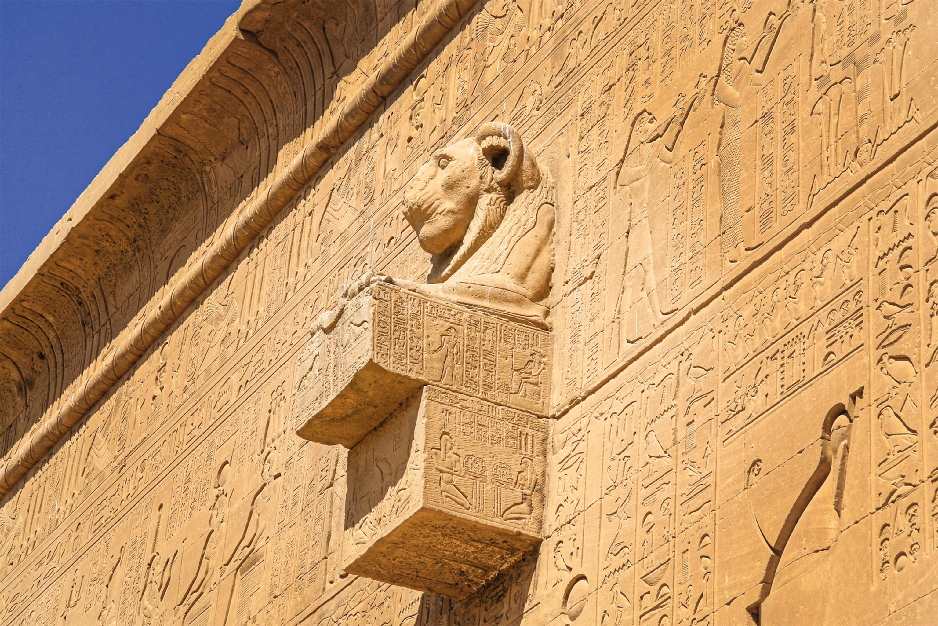 On a wall of the Temple of Hathor, a gargoyle takes the shape of a lion.