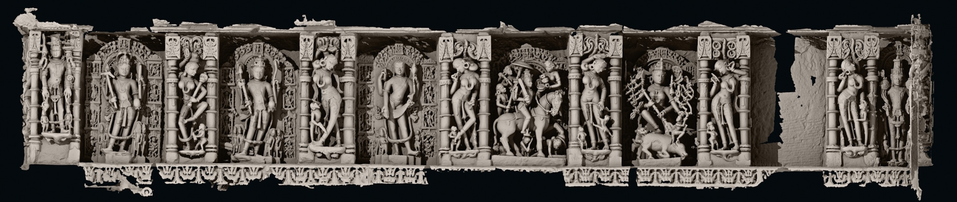 a 3-D copy of a frieze of Hindu gods and female attendants from the 11th-century