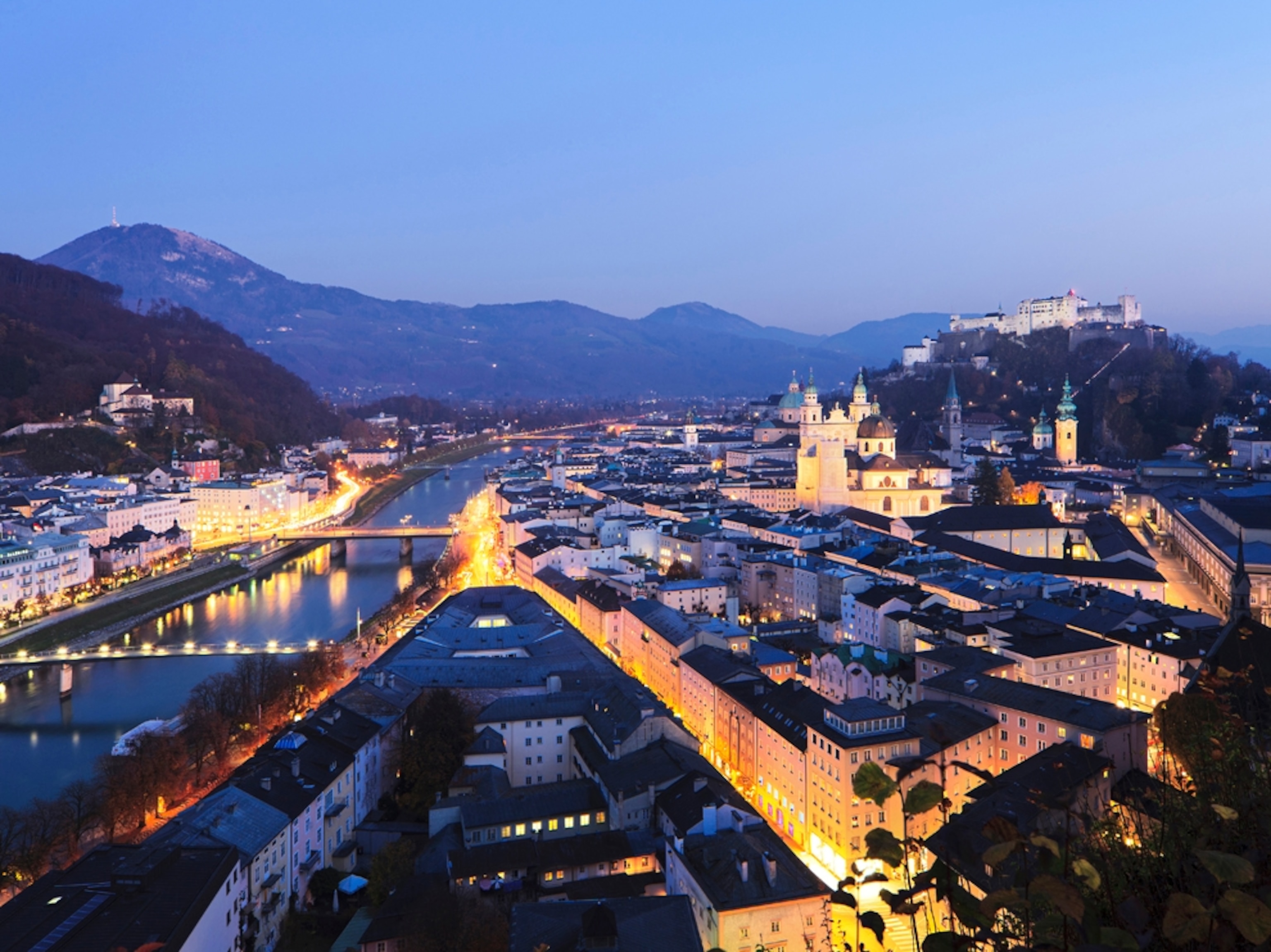 Salzburg, Austria at twilight.