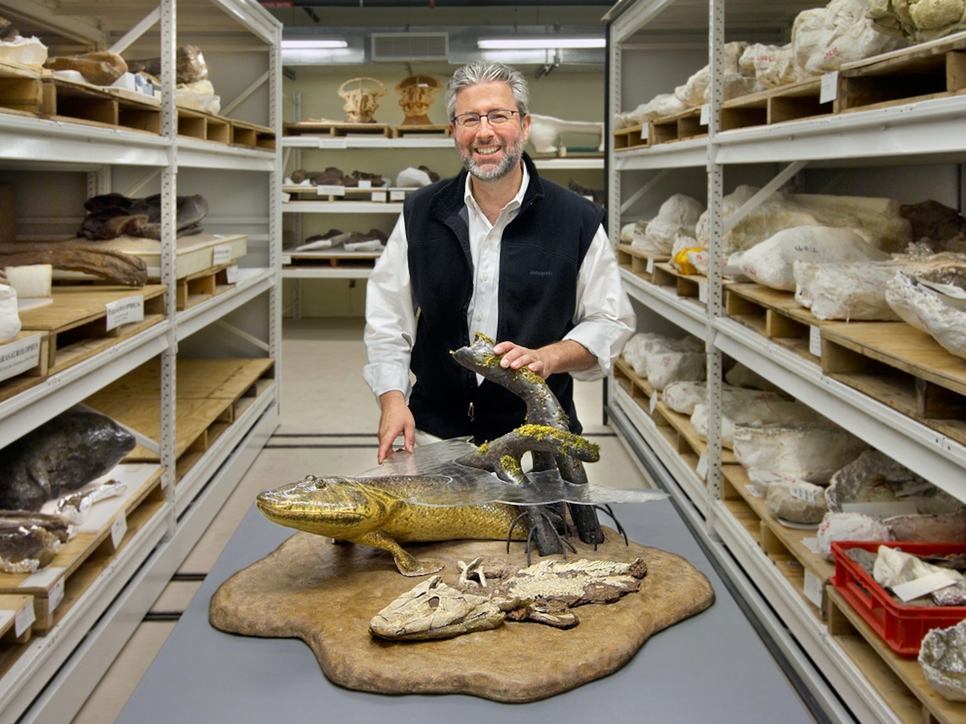 Tiktaalik picture: Neil Shubin with model of prehistoric species, for gallery of National Geographic's top ten grants