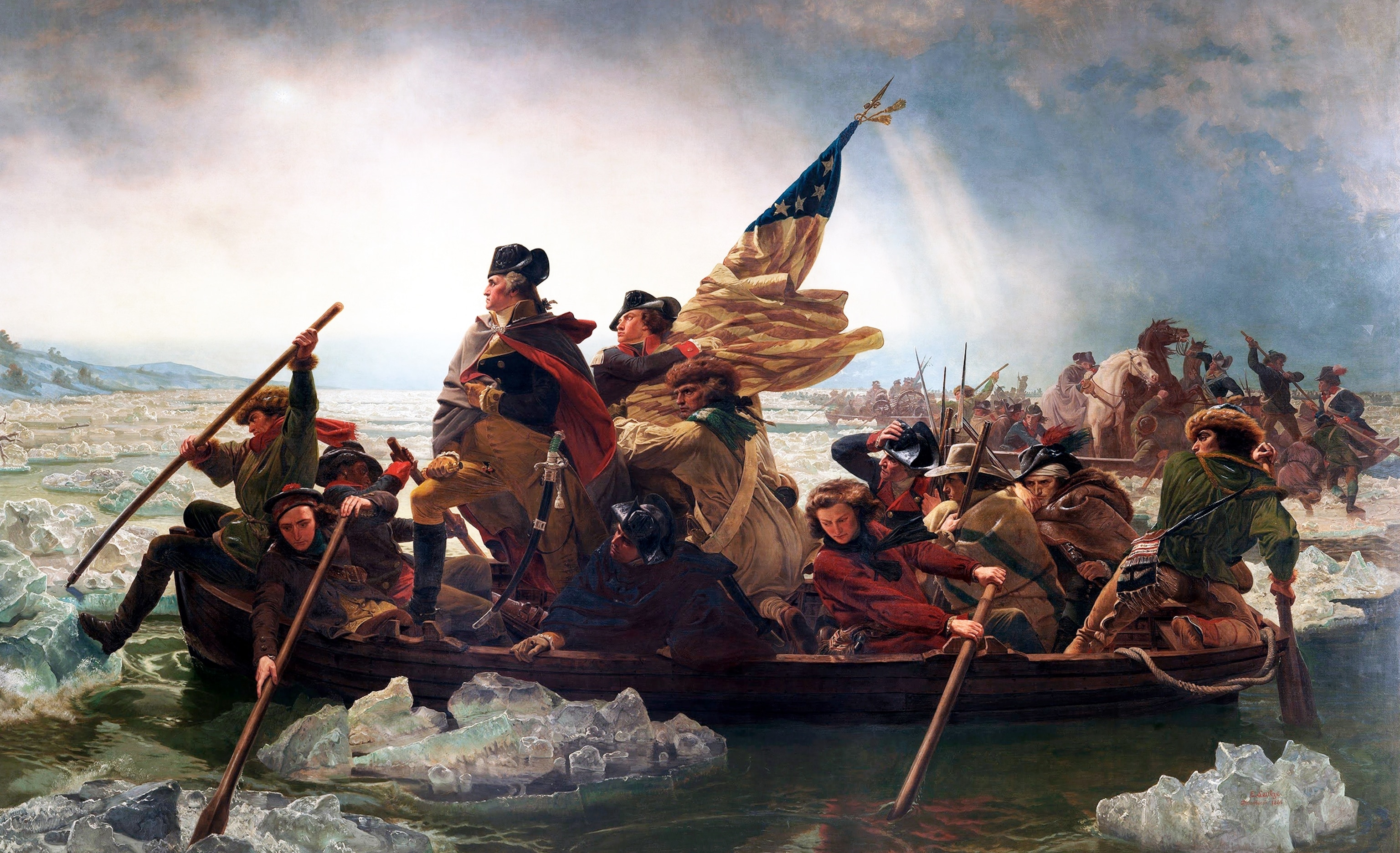 The painting documents Washington's crossing of the Delaware River on the night of December 25-26, 1776, as part of a sneak attack at the Battle of Trenton during the American Revolutionary War.