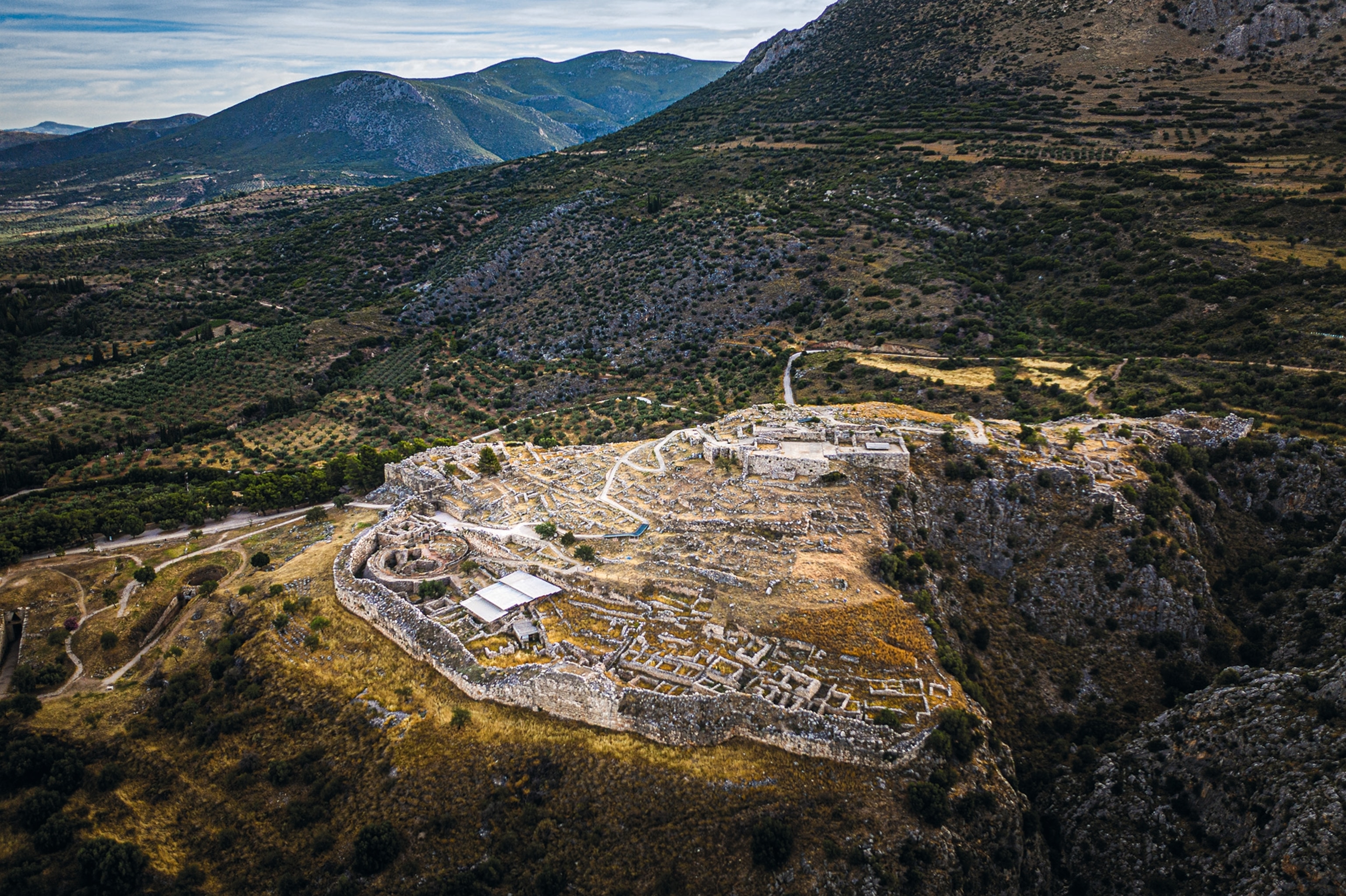 Aerial view of the fortified citadel and palace of Mycenae.