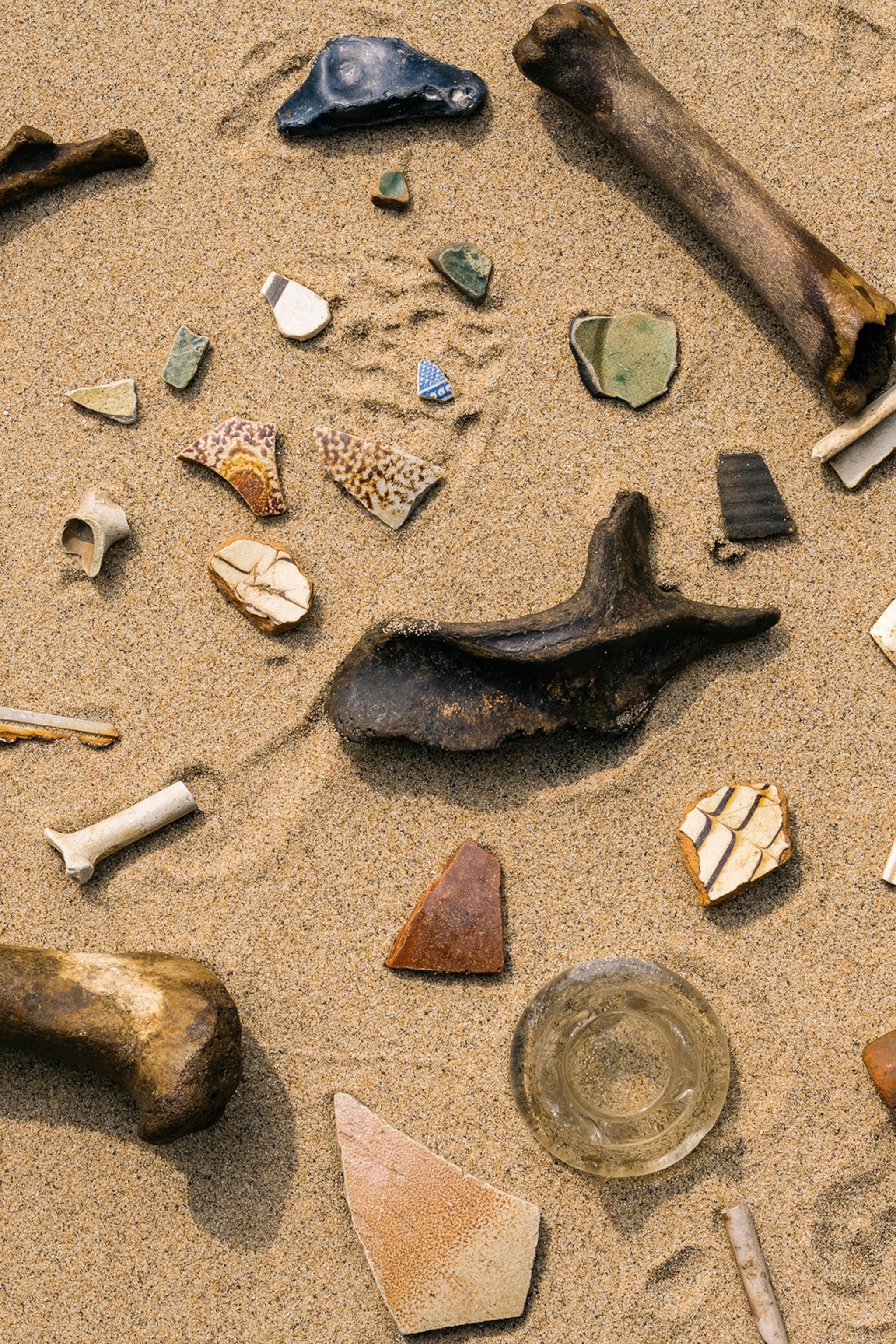 A selection of random items in the sand.
