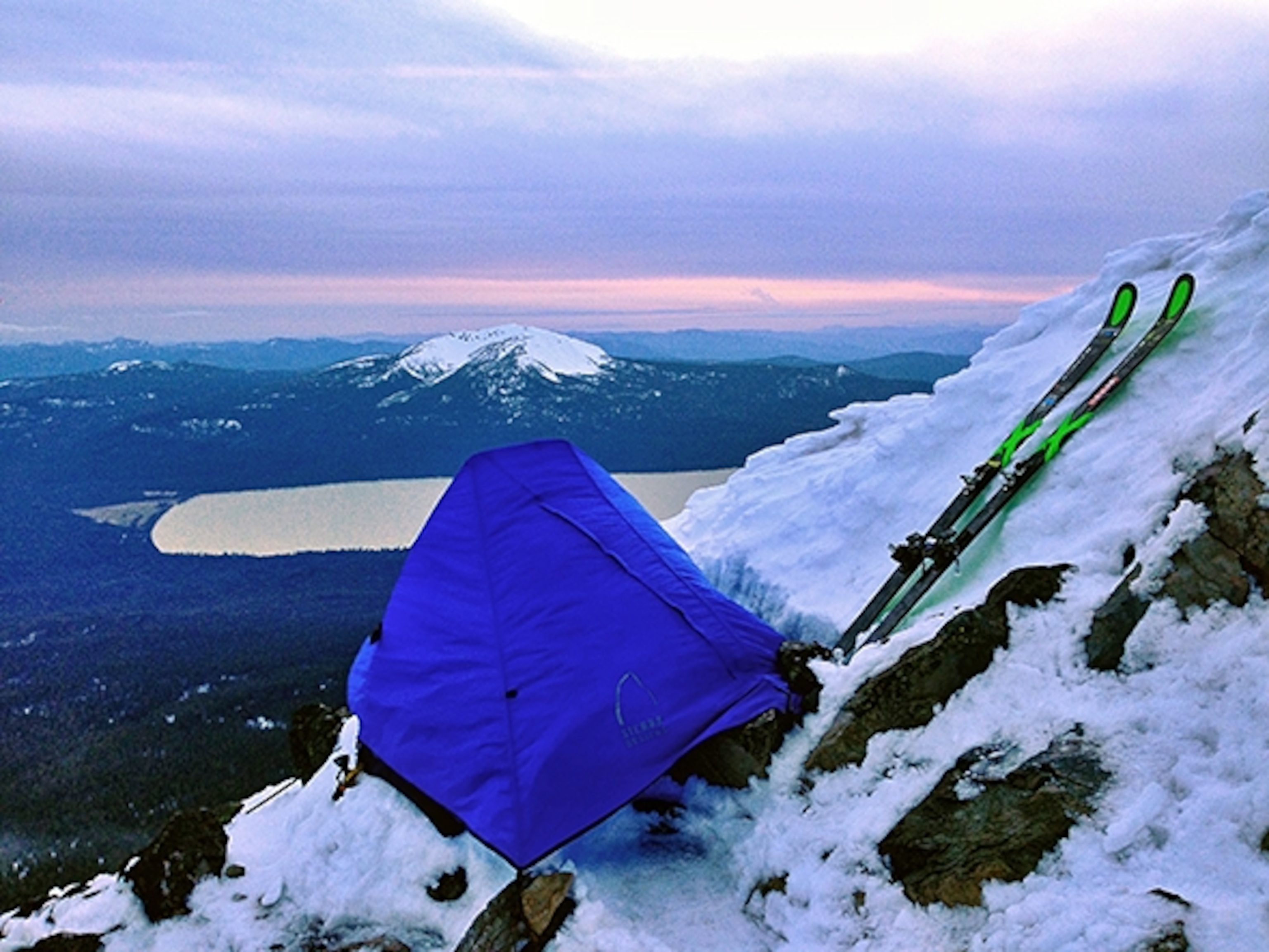 Kedrowski's precarious tent perch just below the summit of Mount Thielsen; Photograph by Dr. Jon Kedrowski