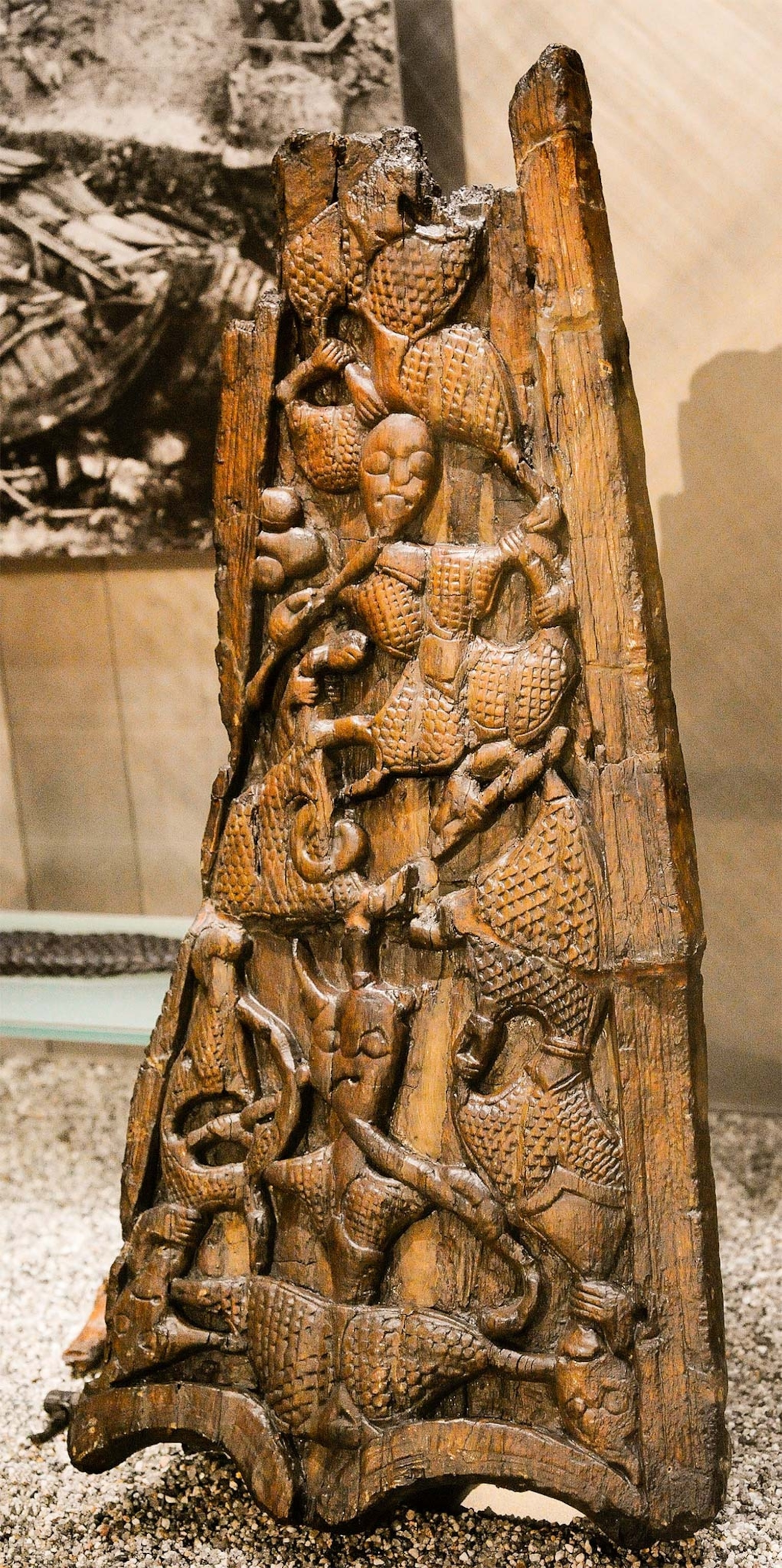 Norse ships often feature intricately carved ornamentation on their bows, like this bow fragment at the Viking Ship Museum in Oslo, Norway.