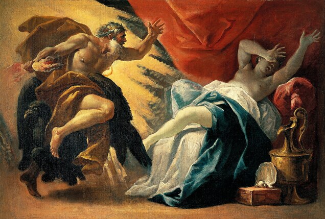 Pregnant with Dionysus, Semele perishes after demanding to see Zeus in all his glory in this 17th-century oil painting by Luca Ferrari.