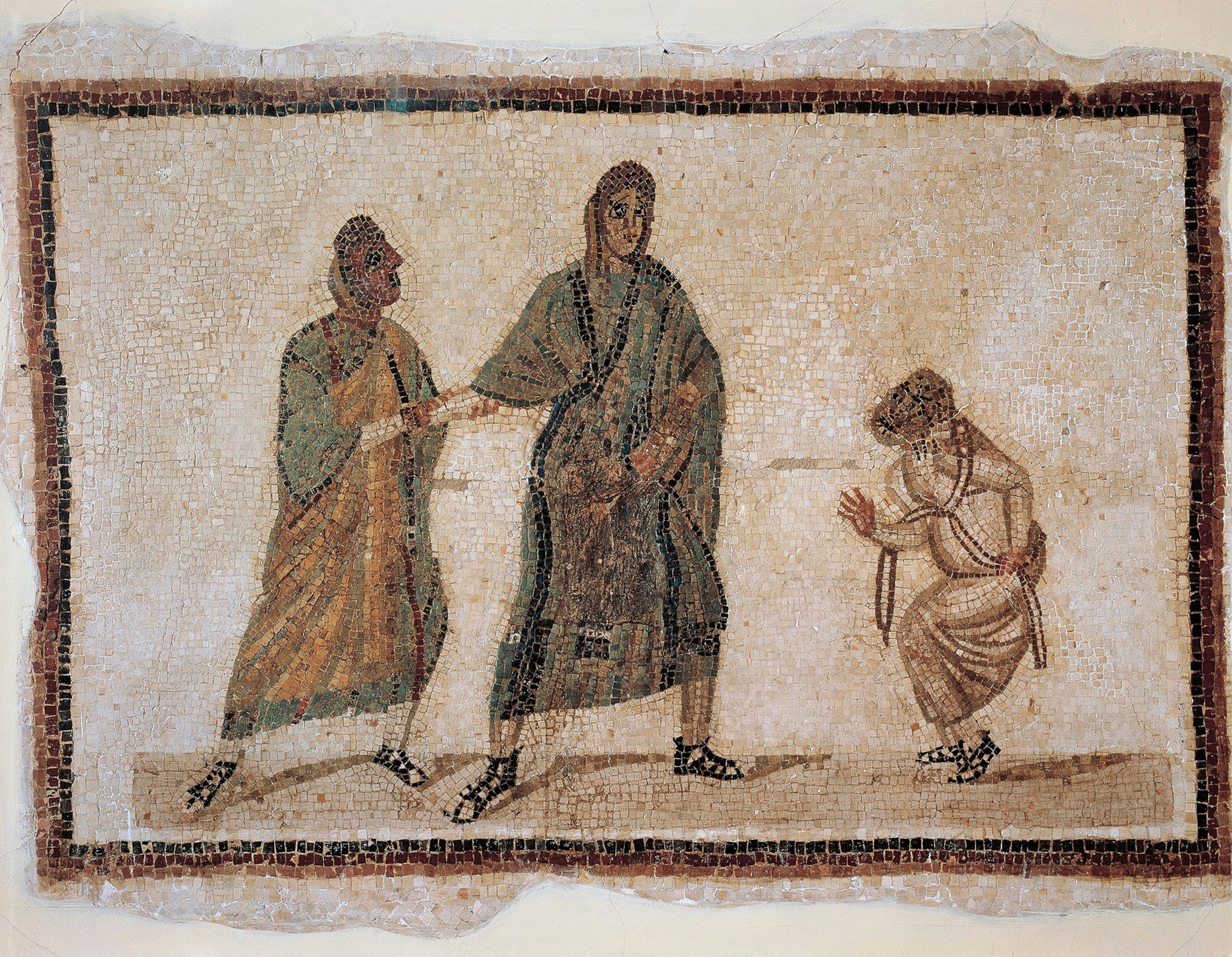 An ancient mosaic depicting three people dressed in robes and sandals.
