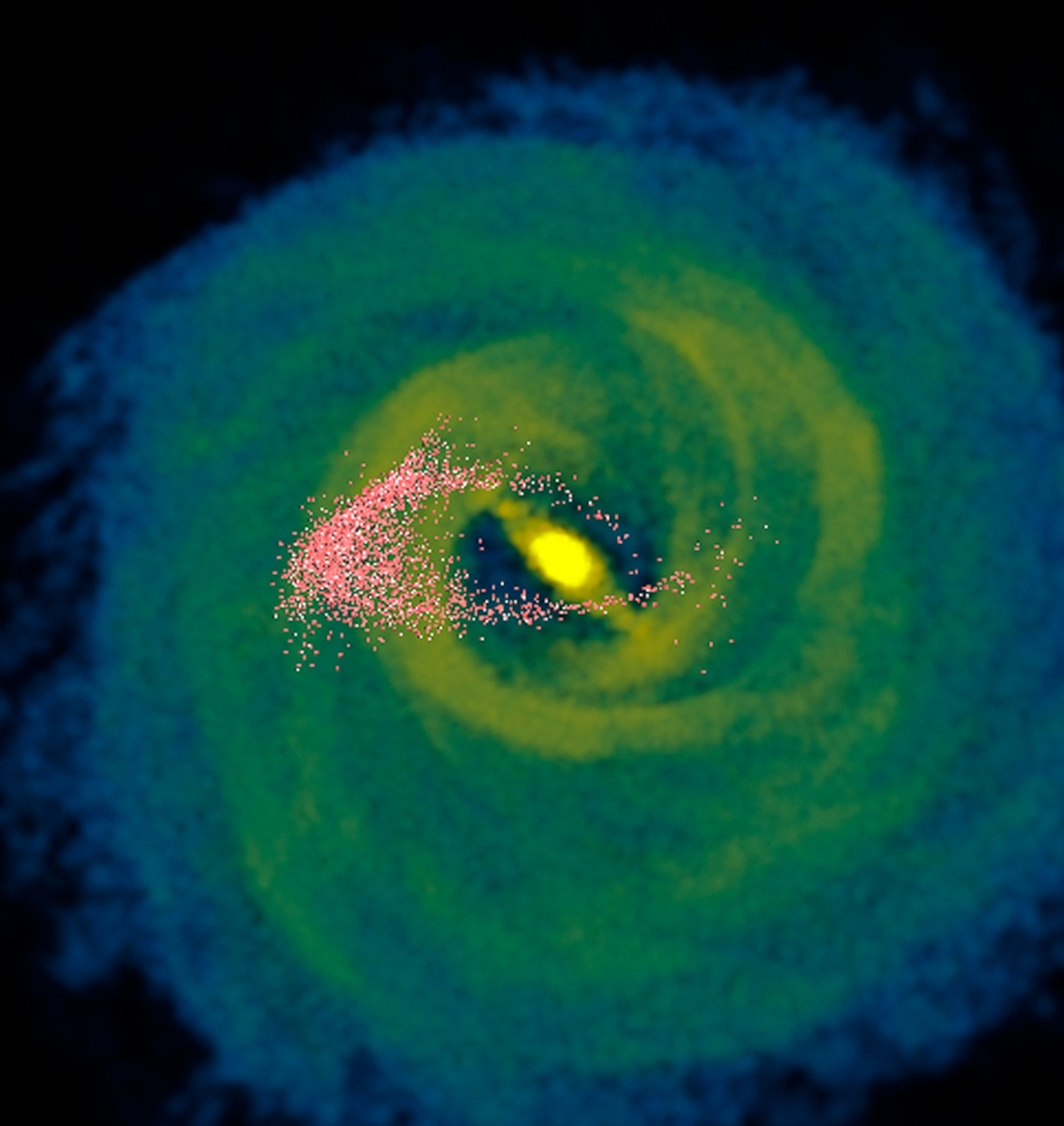 An illustration of the Milky Way eating a smaller galaxy.