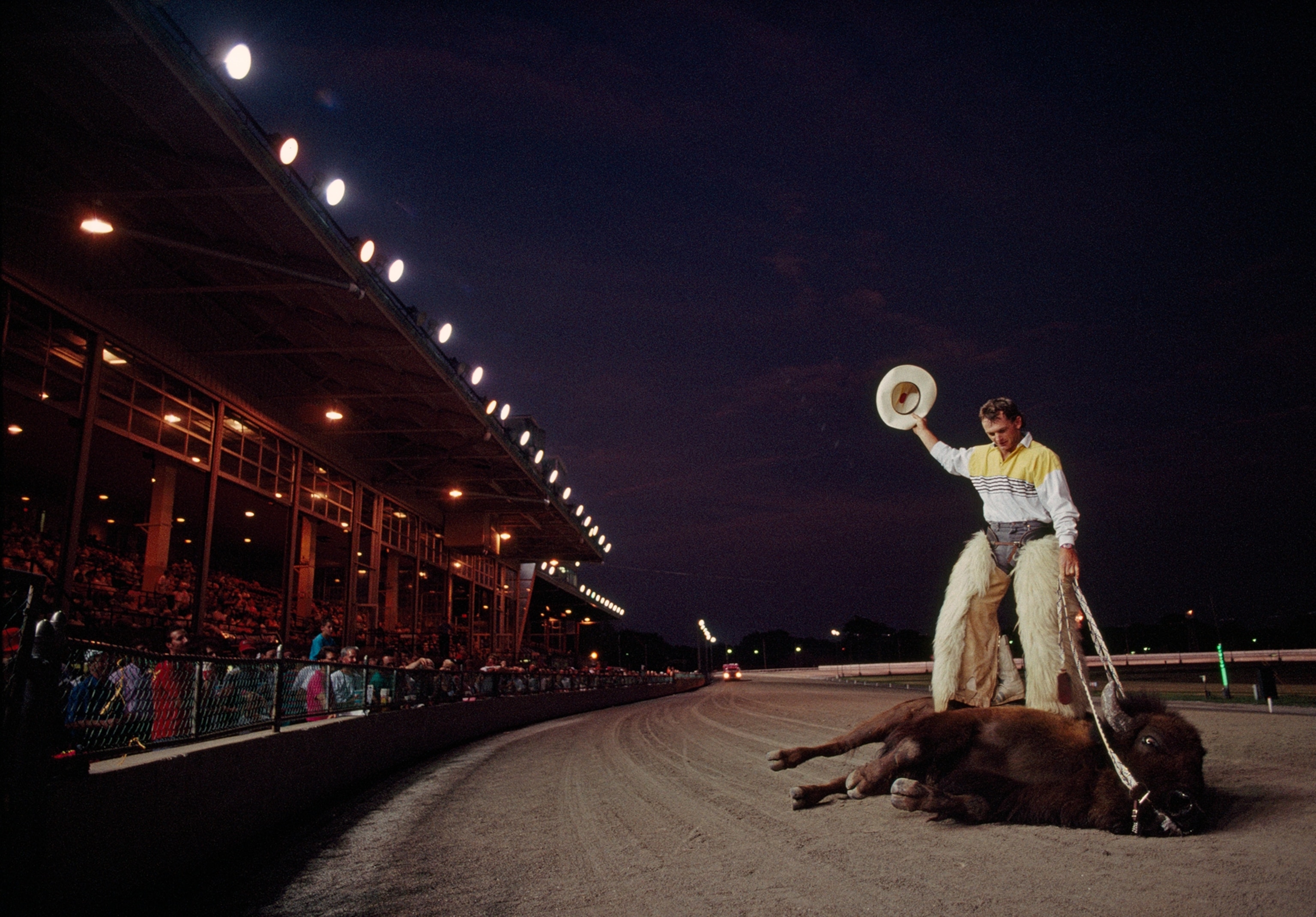 In the bootsteps of Buffalo Bill Cody, Wild West showman T.C. Thorstenson greets the crowd at a racetrack near Buffalo, New York.