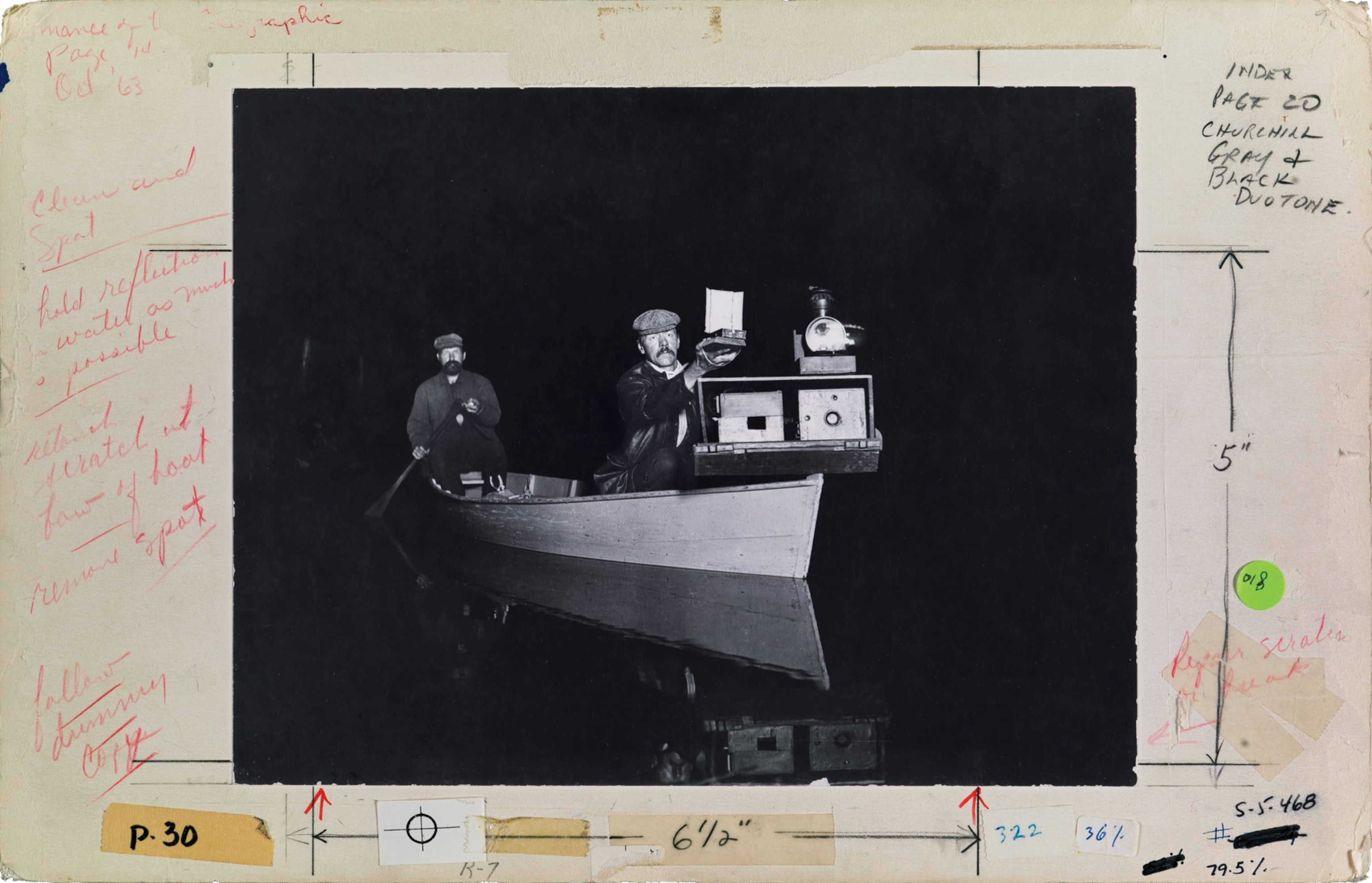 Photographer George Shiras III and his assistant in their jacklighting-equipped canoe while taking a photograph on wildlife at night, with editorial markings around it.