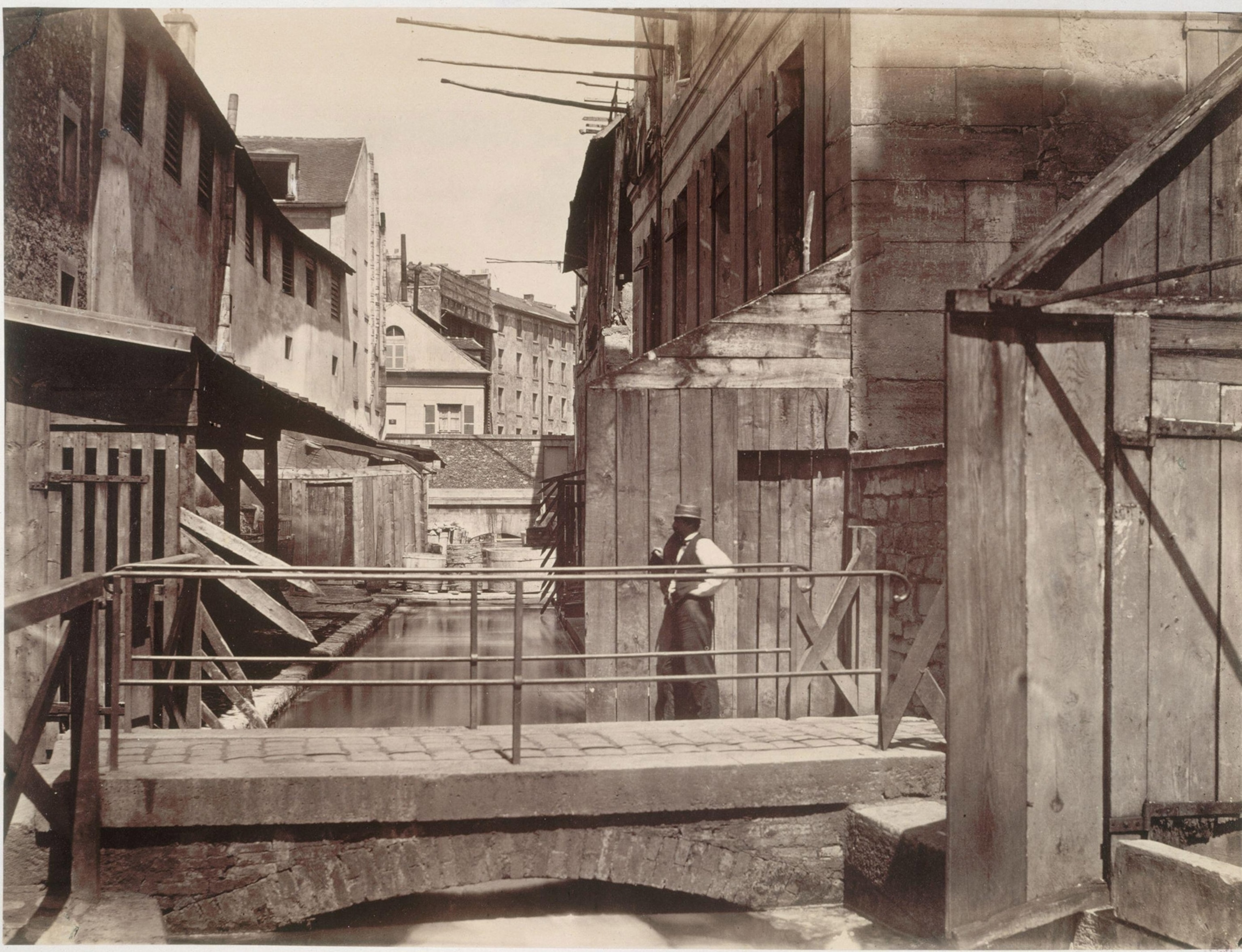 an archival image of the Bievre River and tanneries in Paris