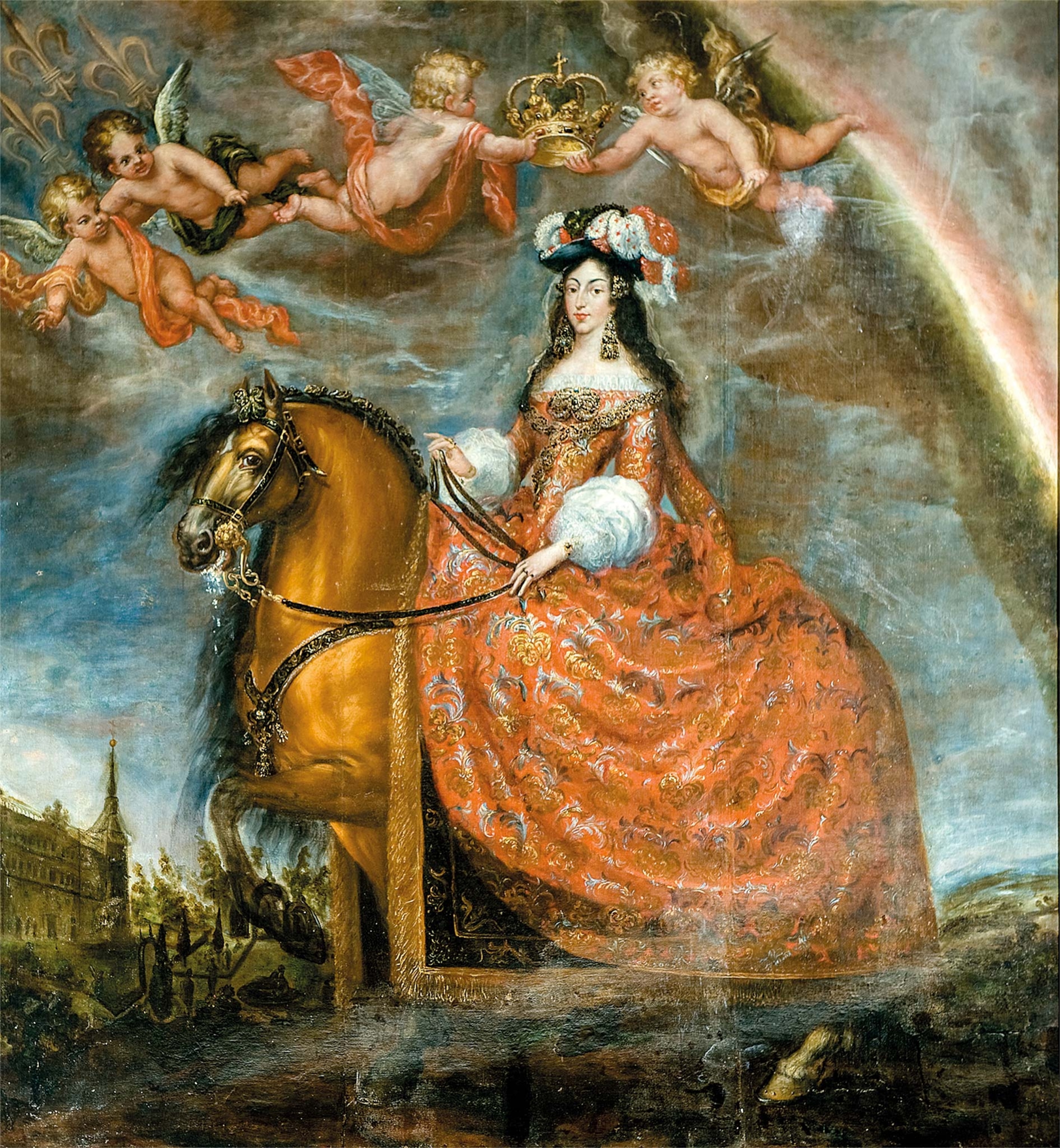 A painting of an ornately dressed woman wearing a red gown and hat on horseback, with cherubs above holding a crown