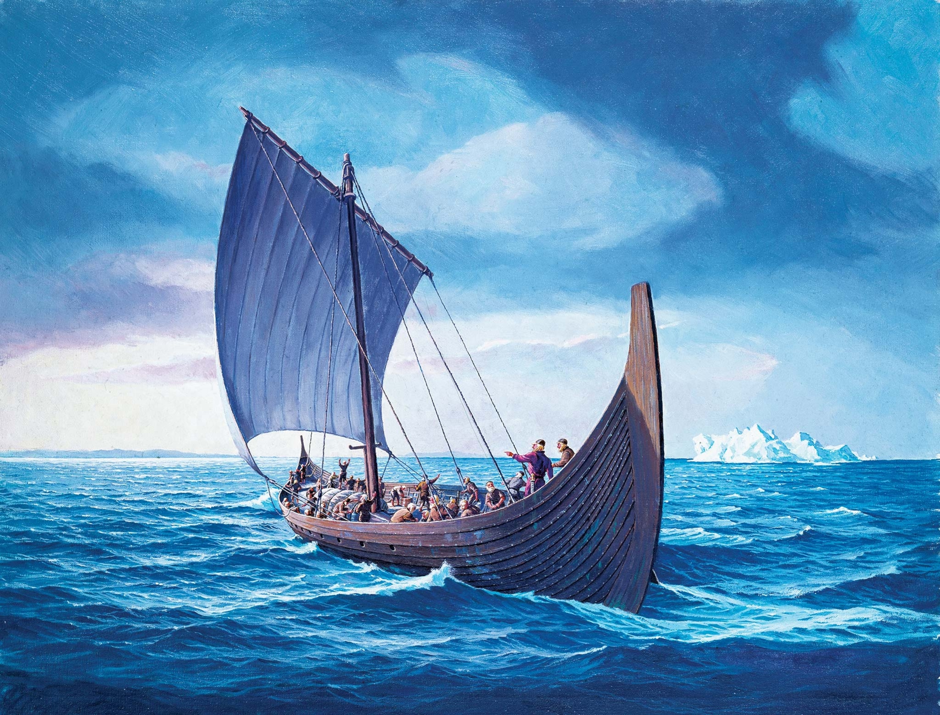 Sailing from Greenland, a Viking cargo ship approaches the coast of Newfoundland in this illustration by Hervey Garrett Smith.