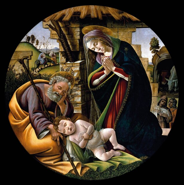 Mary and Joseph gaze on the infant Christ in Sandro Botticelli&rsquo;s circa 1500 oil painting, housed in Houston's Museum of Fine Arts. In the background, the flight into Egypt is depicted.