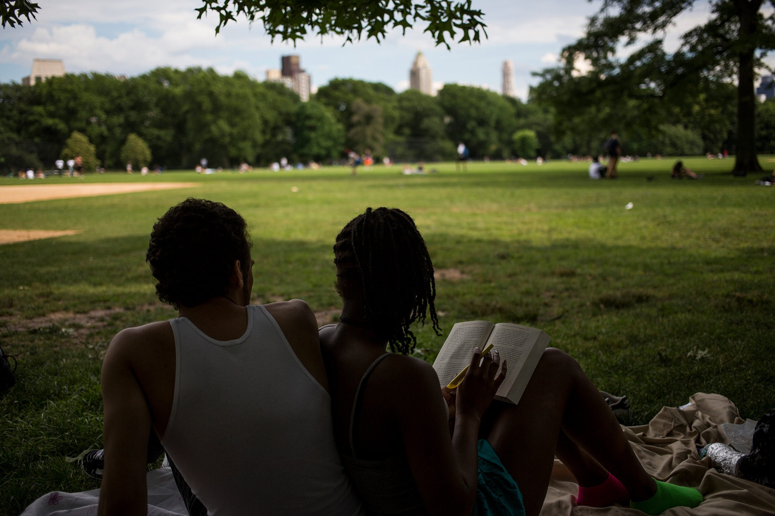 two people reading on the Great Lawn in Central Park, New York