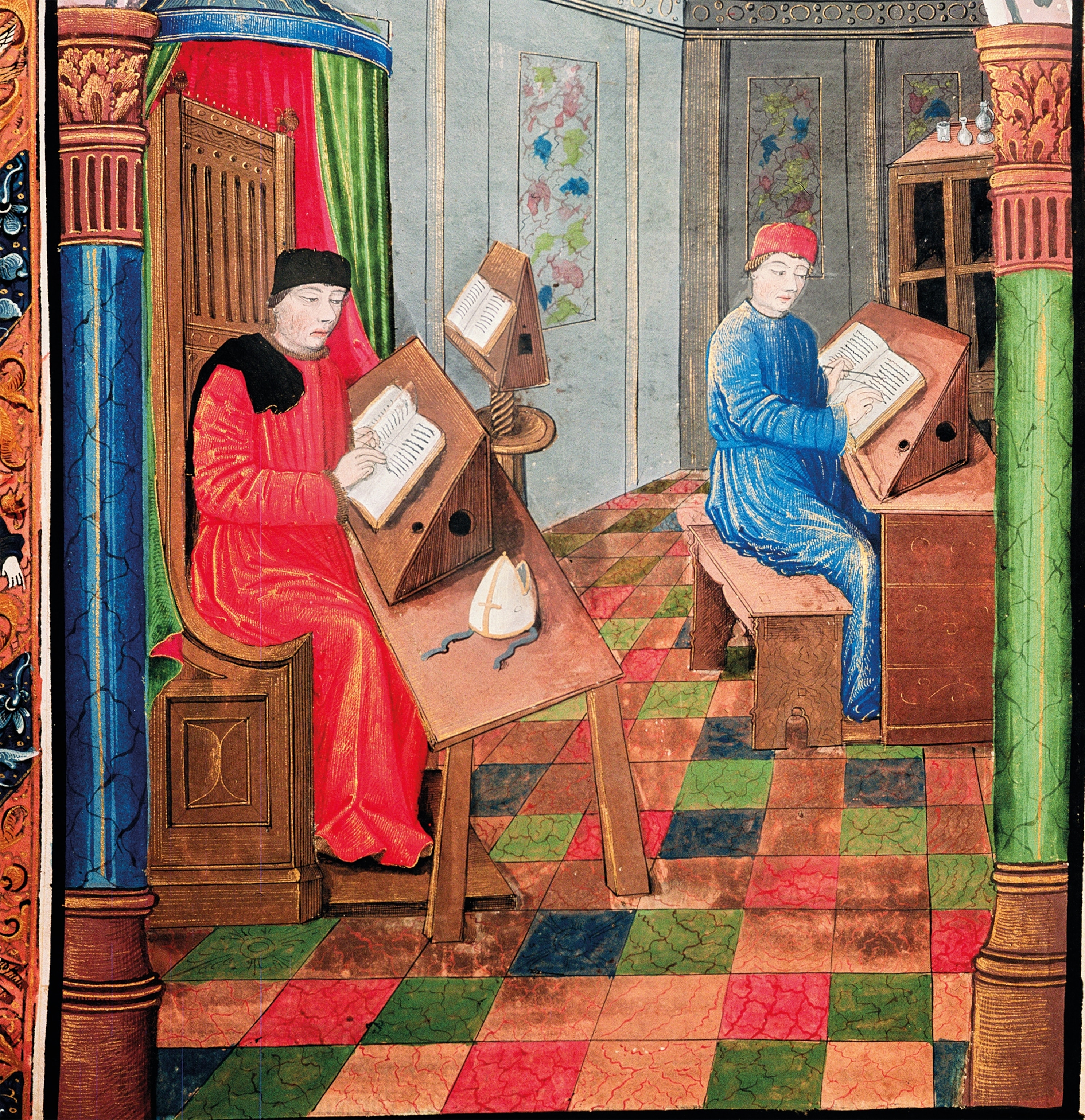 Einhard (right) and Archbishop Turpin writing the history of Charlemagne.