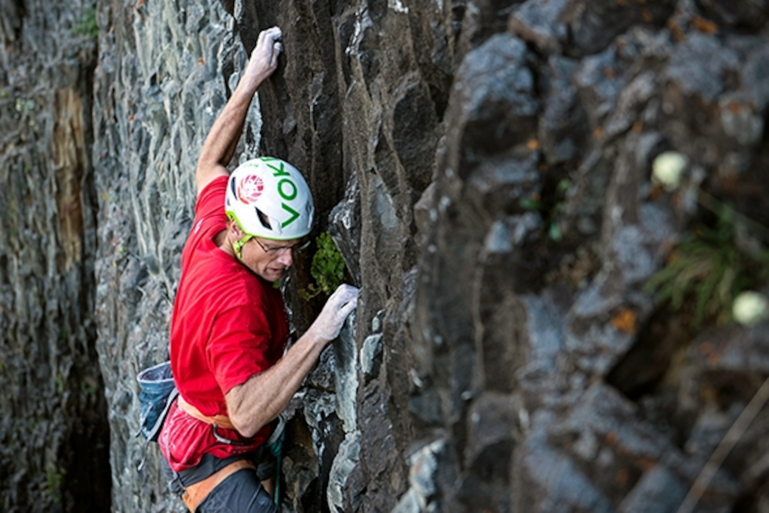 Conrad Anker leads on the route London Calling on the Magic Wall, a route he put up in Hyalite Canyon, Montana; Photograph by Max Lowe