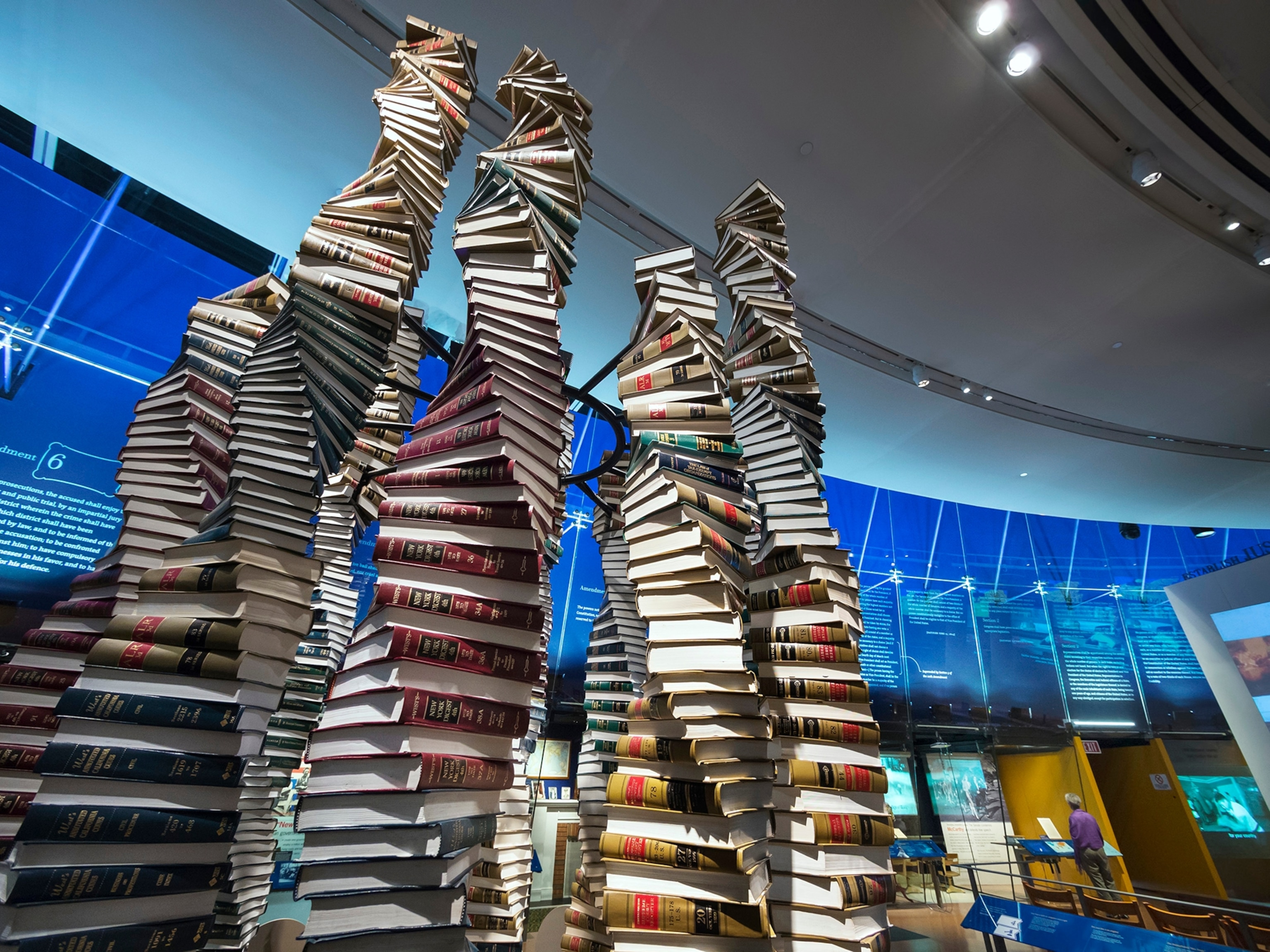 stacks of books in an exhibit at the National Constitution Center, Philadelphia, Pennsylvania