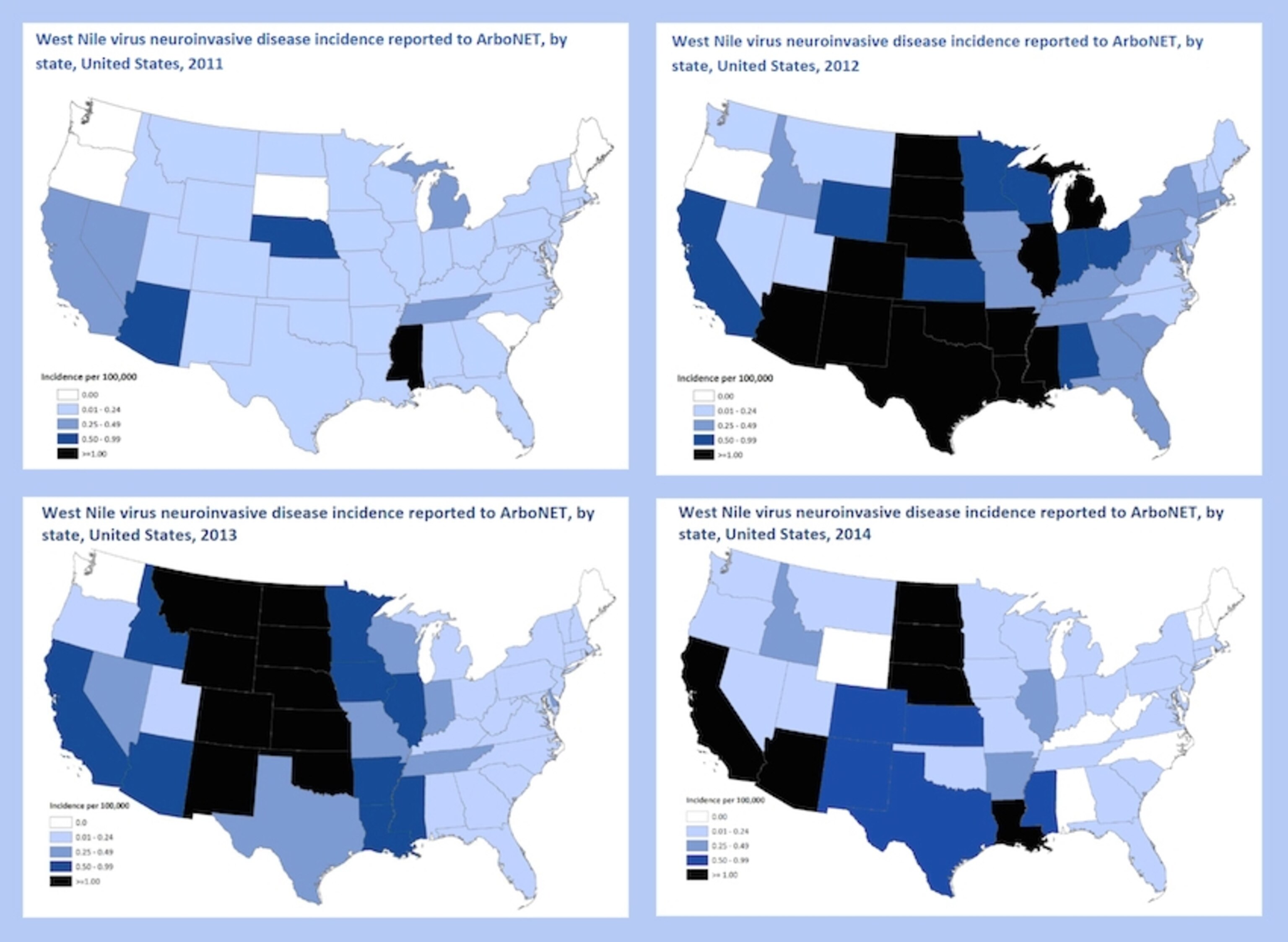 The CDC's maps for 2011-2014 showing the incidence of "neuroinvasive" West Nile virus disease; areas in black had the highest incidence.