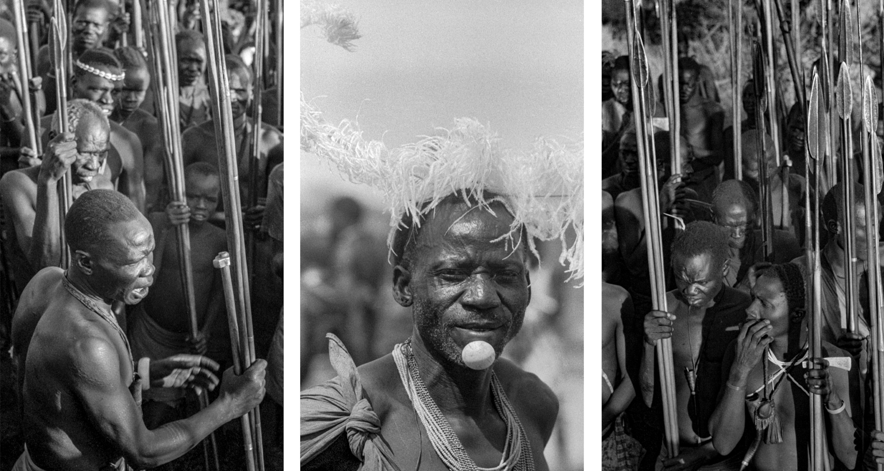 Three images of men holding spears