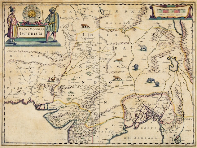 The Mughal empire's boundaries are depicted by Dutch cartographer Jan Jansson, circa 1640.