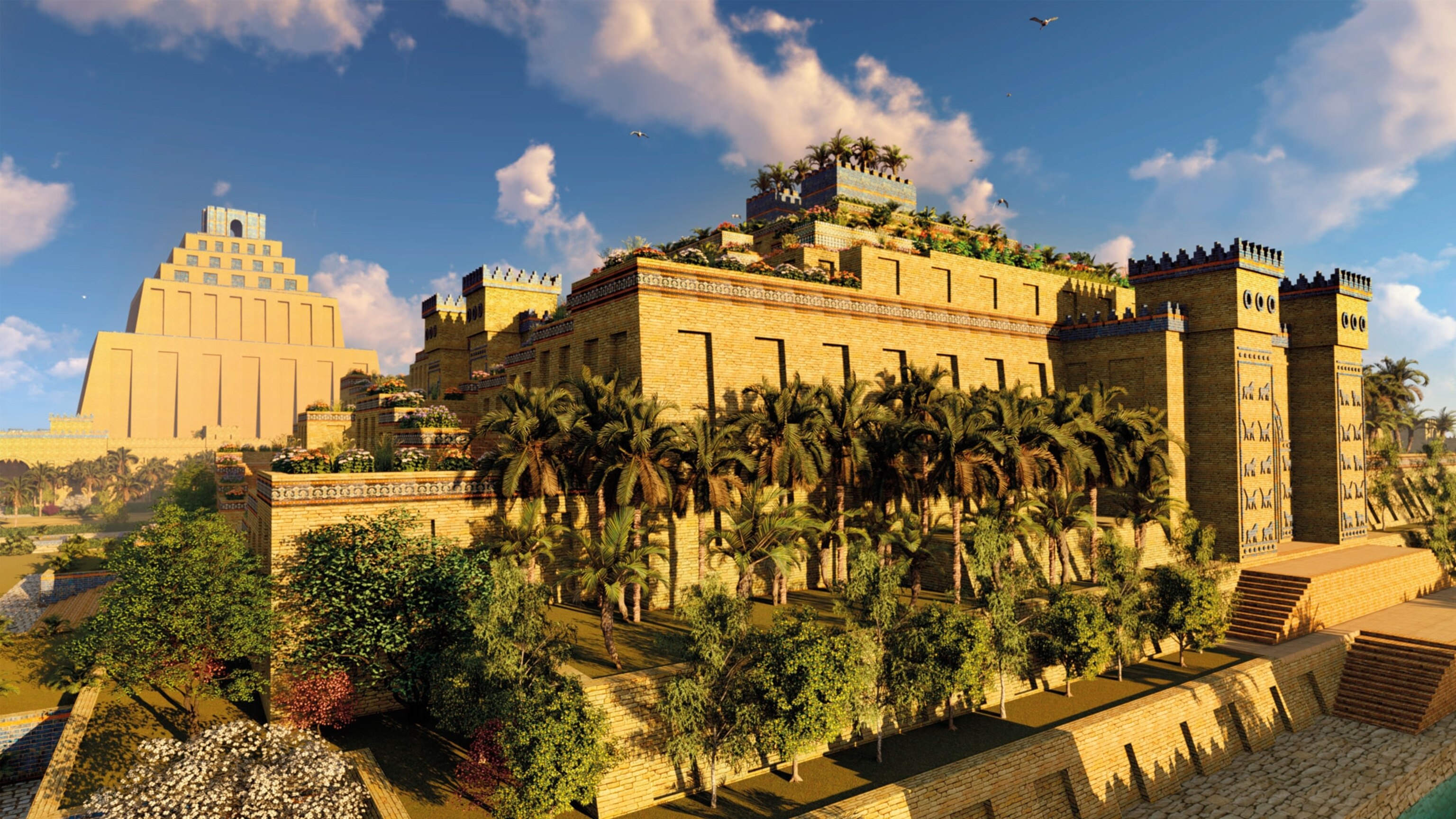 An artist 3D rendering of a palace covered with trees and plants