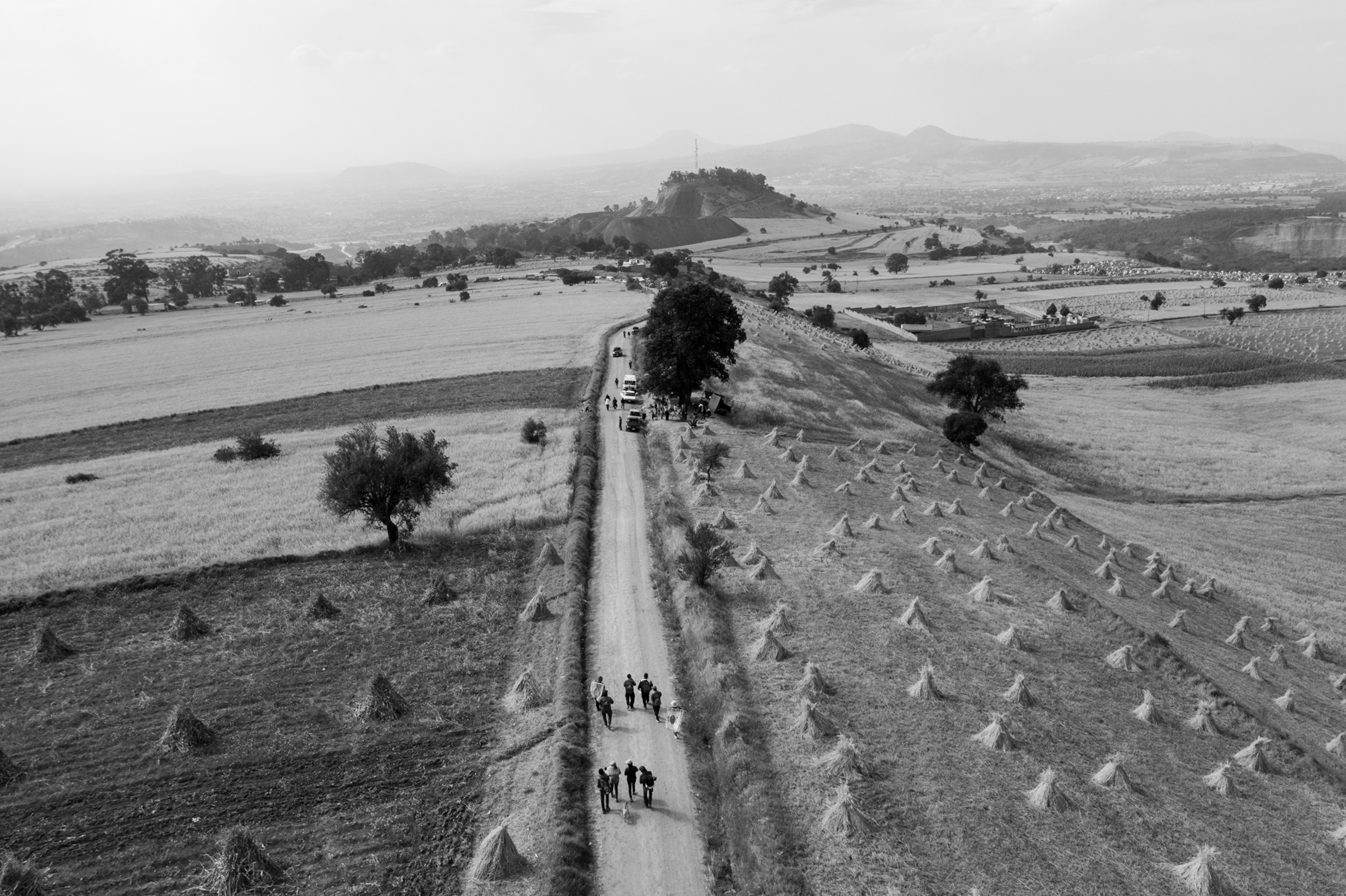 Aerial view of people walking along a country road