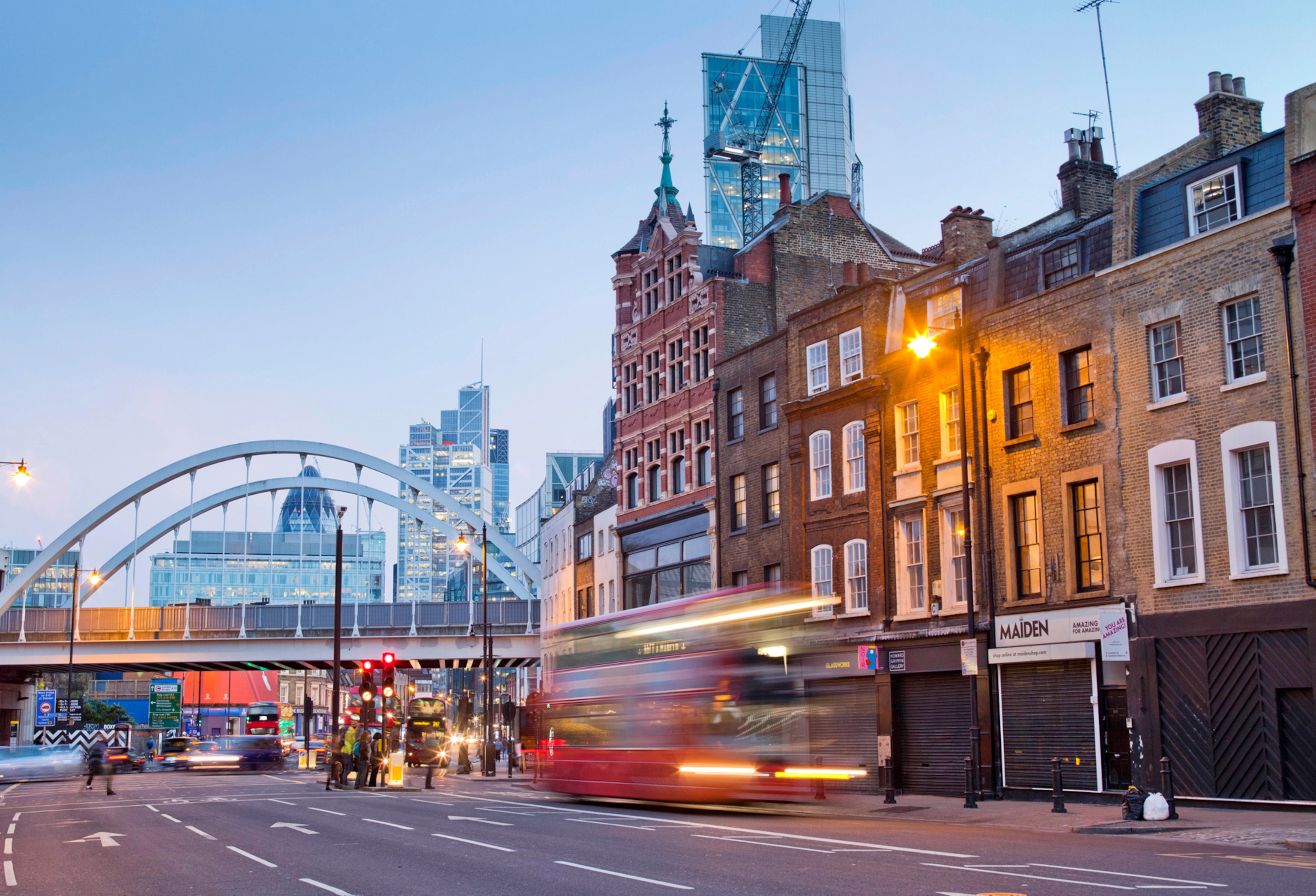Evening falls on the A10 in Shoreditch, near the City of London