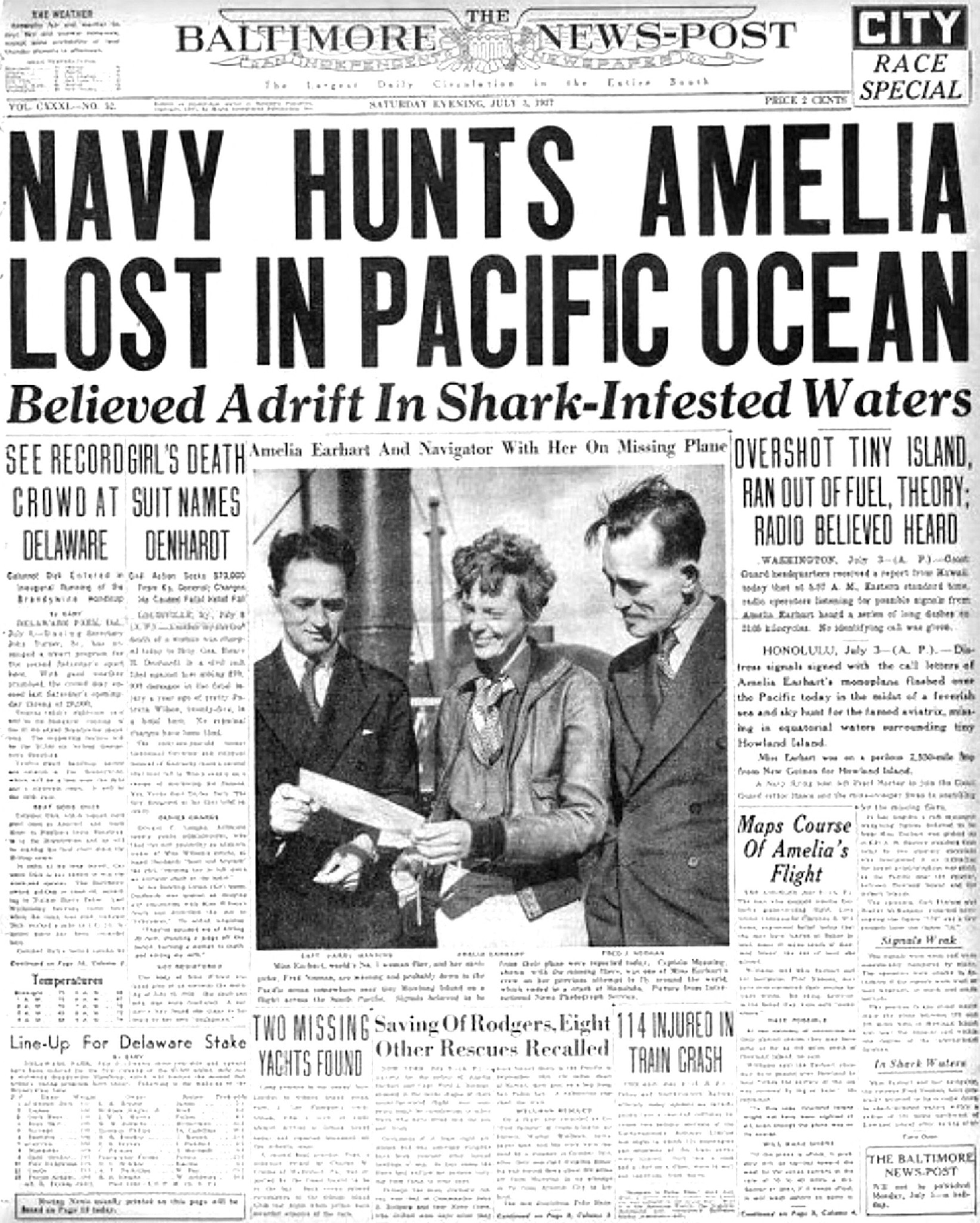 Reproduction of the front page of the Baltimore News-Post with headlines about search for disappeared Amelia Earhart, including a black and white photo