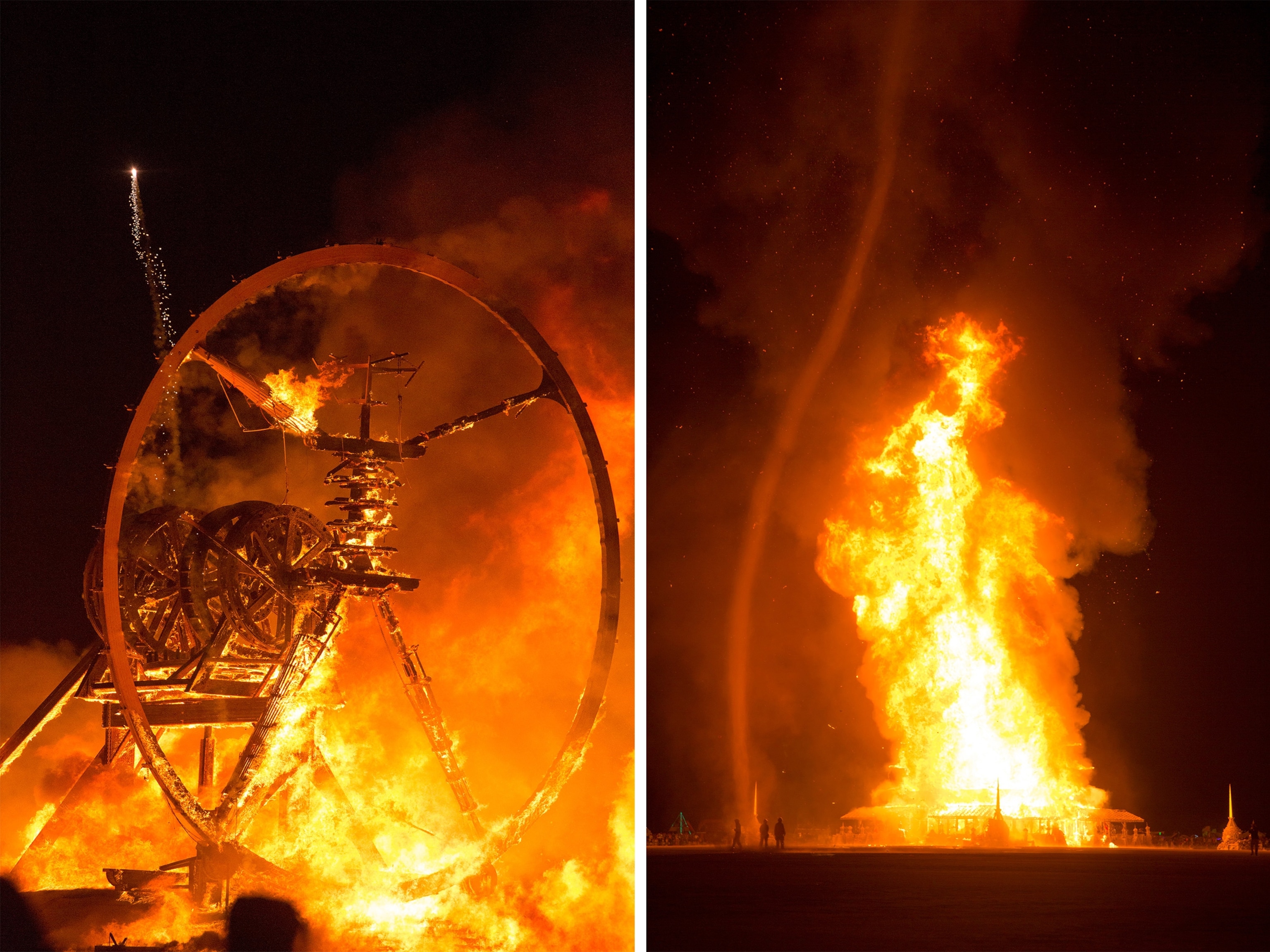 structures burning at Burning Man in the Black Rock Desert, Nevada