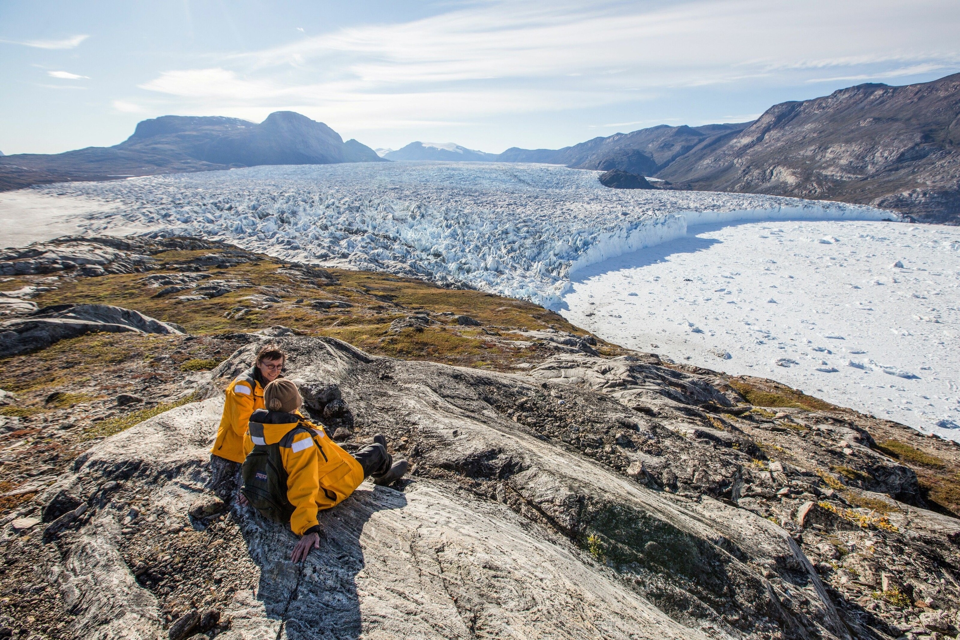 Viewpoint overlooking the Greenland ice sheet, reached by helicopter tour.