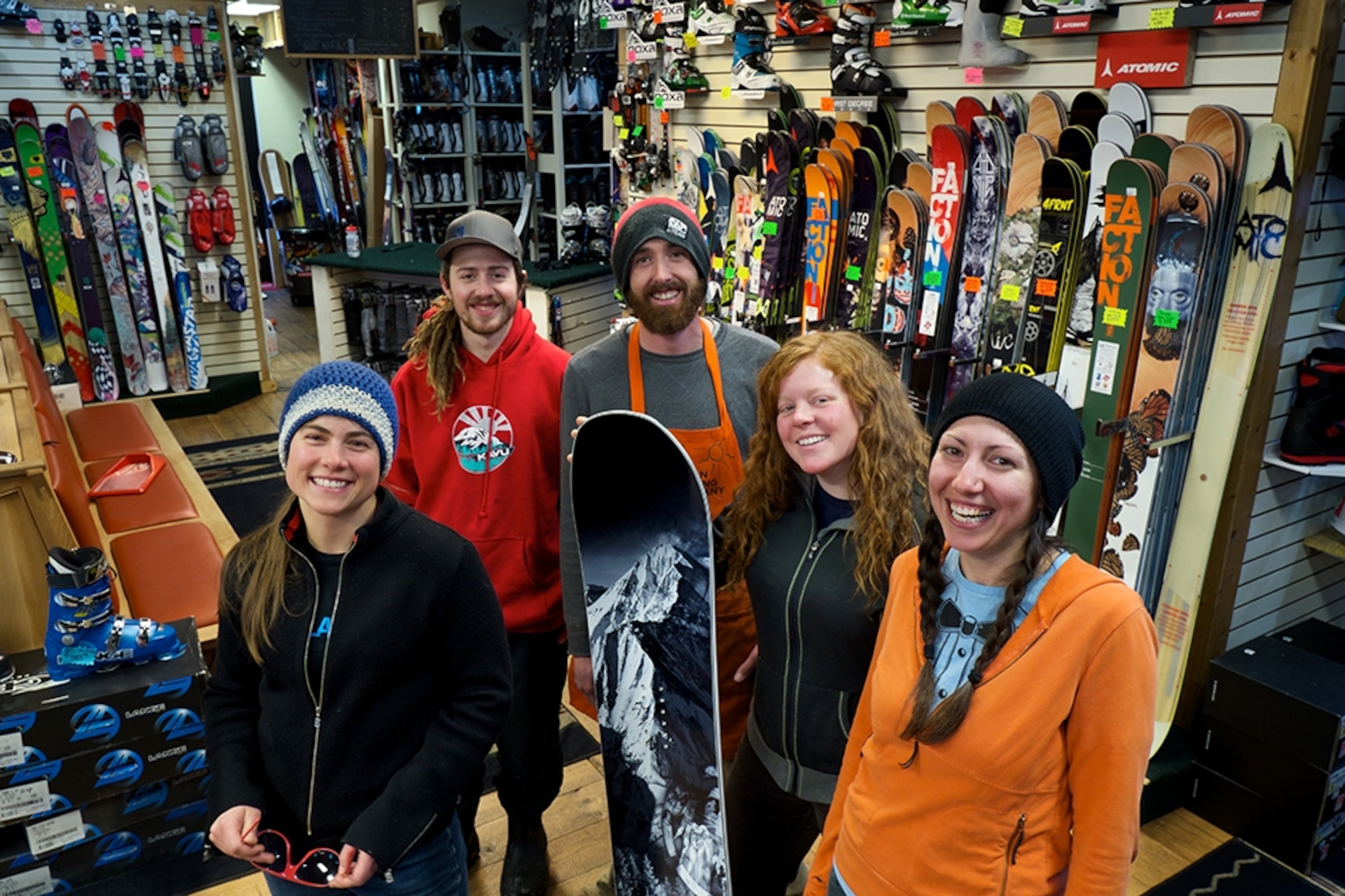 Gallatin Alpine Sports employees Sarah Rountree, Joey Croft, Will Norris, Kelsey Rice, and Amy Cogen
