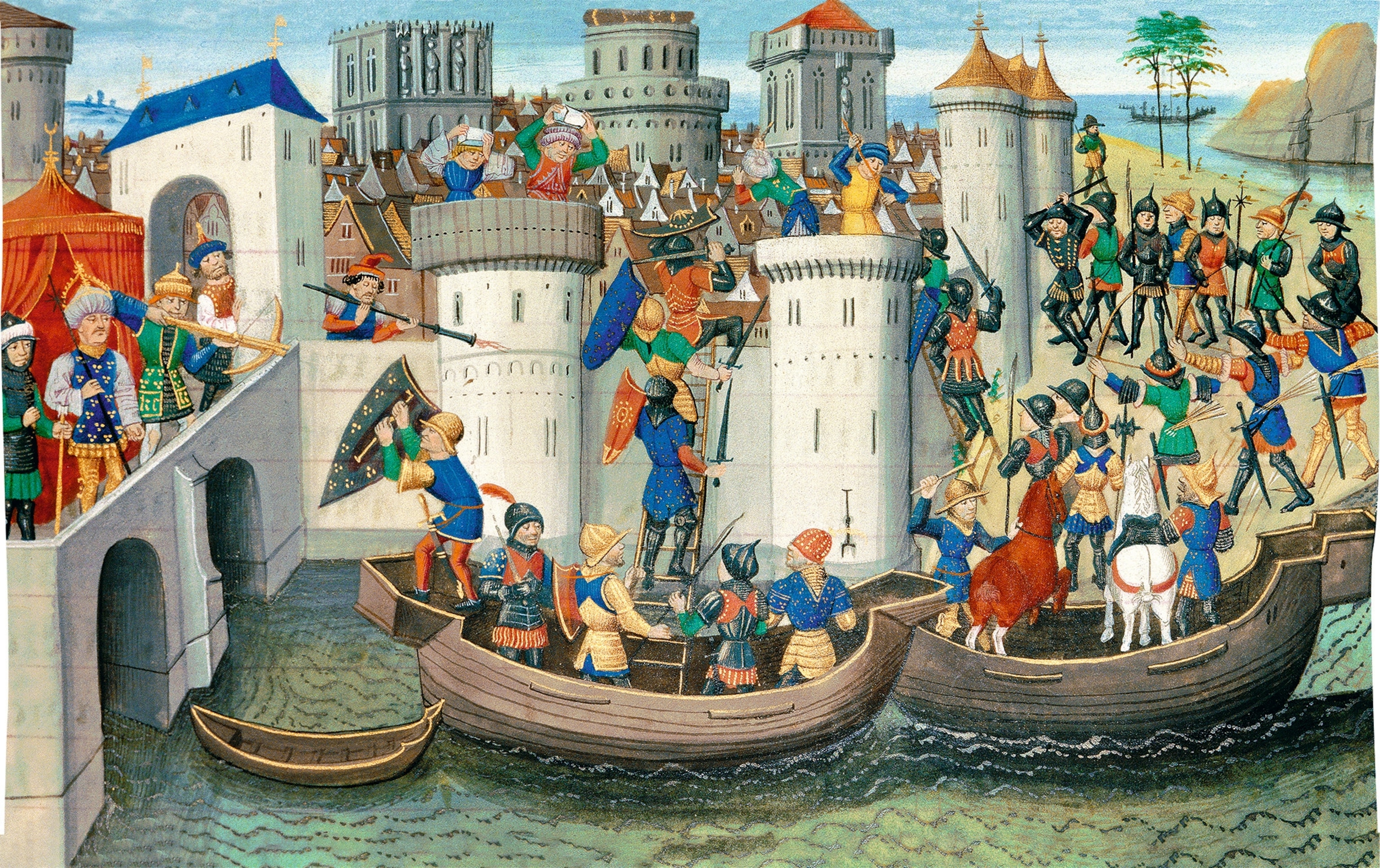 A 15th-century miniature shows the Crusaders arriving by sea for an assault on the walls of Constantinople.
