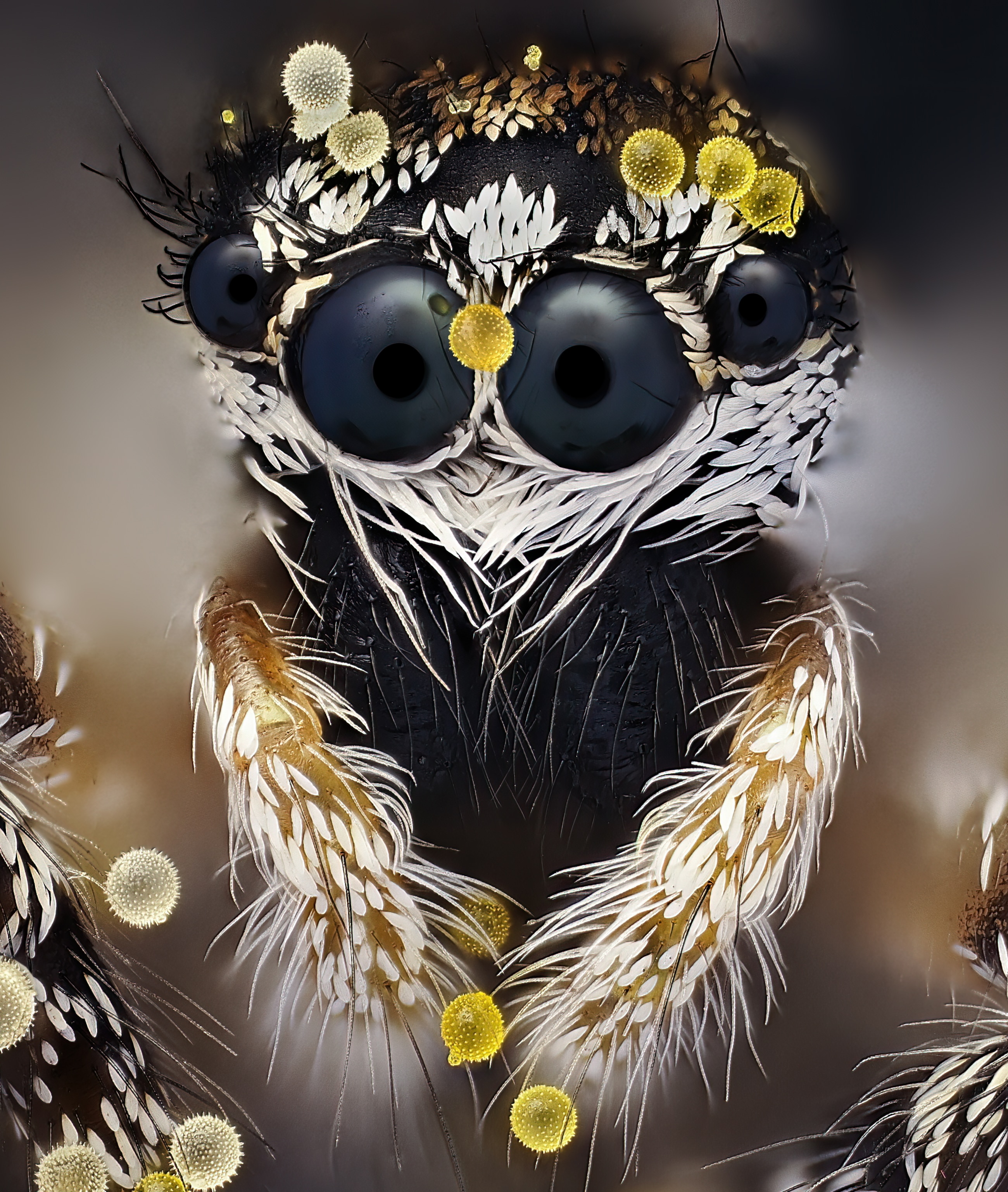 A jumping spider with two big black eye and two smaller ones carries white and yellow pollen on its body.