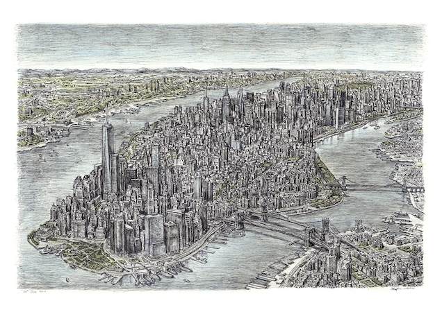 Wiltshire drew this picture of the Manhatten skyline after taking a 20-minute helicopter ride.