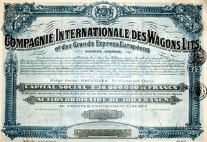 A share certificate from the Compagnie Internationale des Wagons-Lits from the Archives CIWL and PLM.