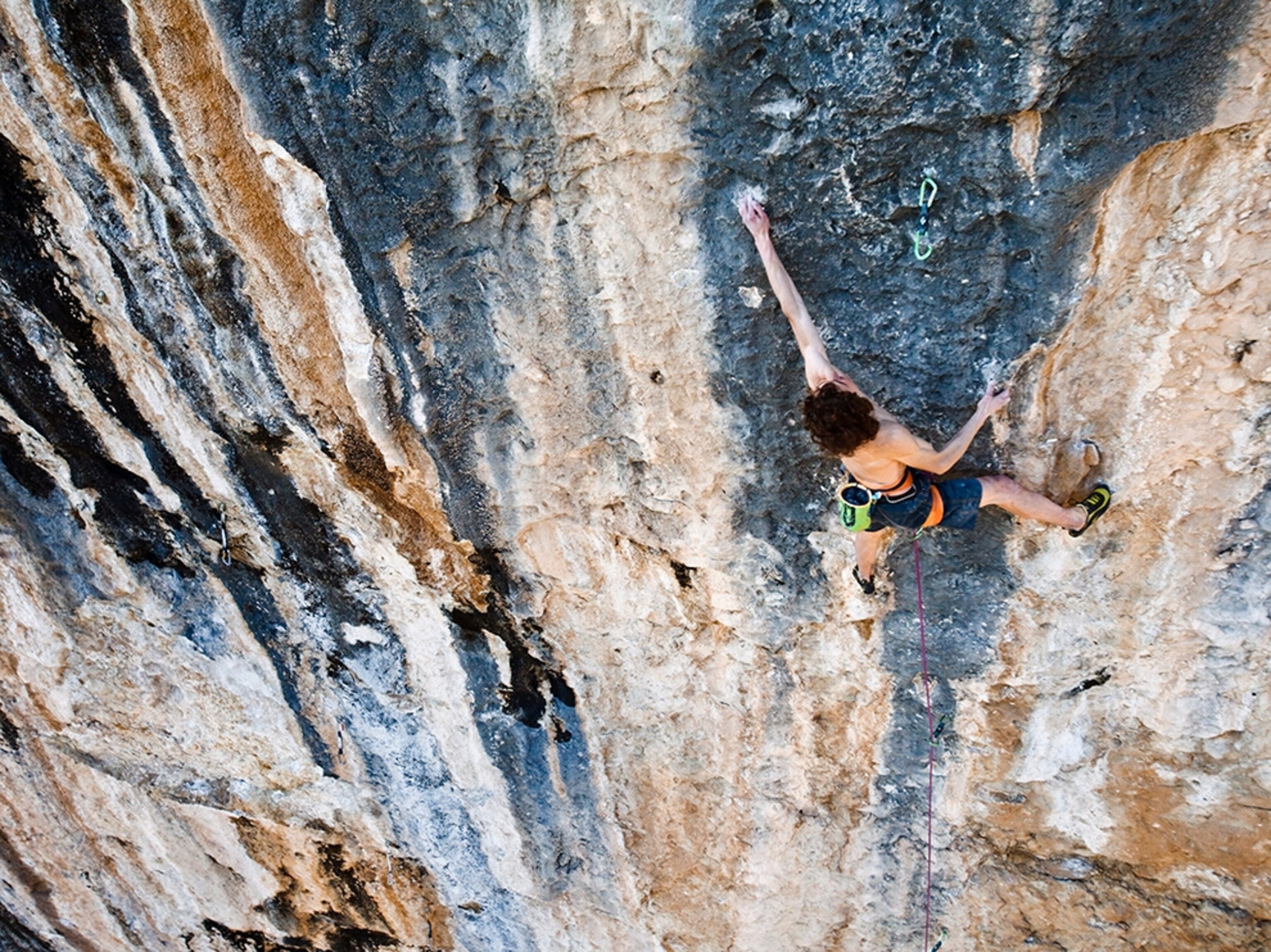 Adam Ondra climbing Chaxiraxi route, Oliana, Spain