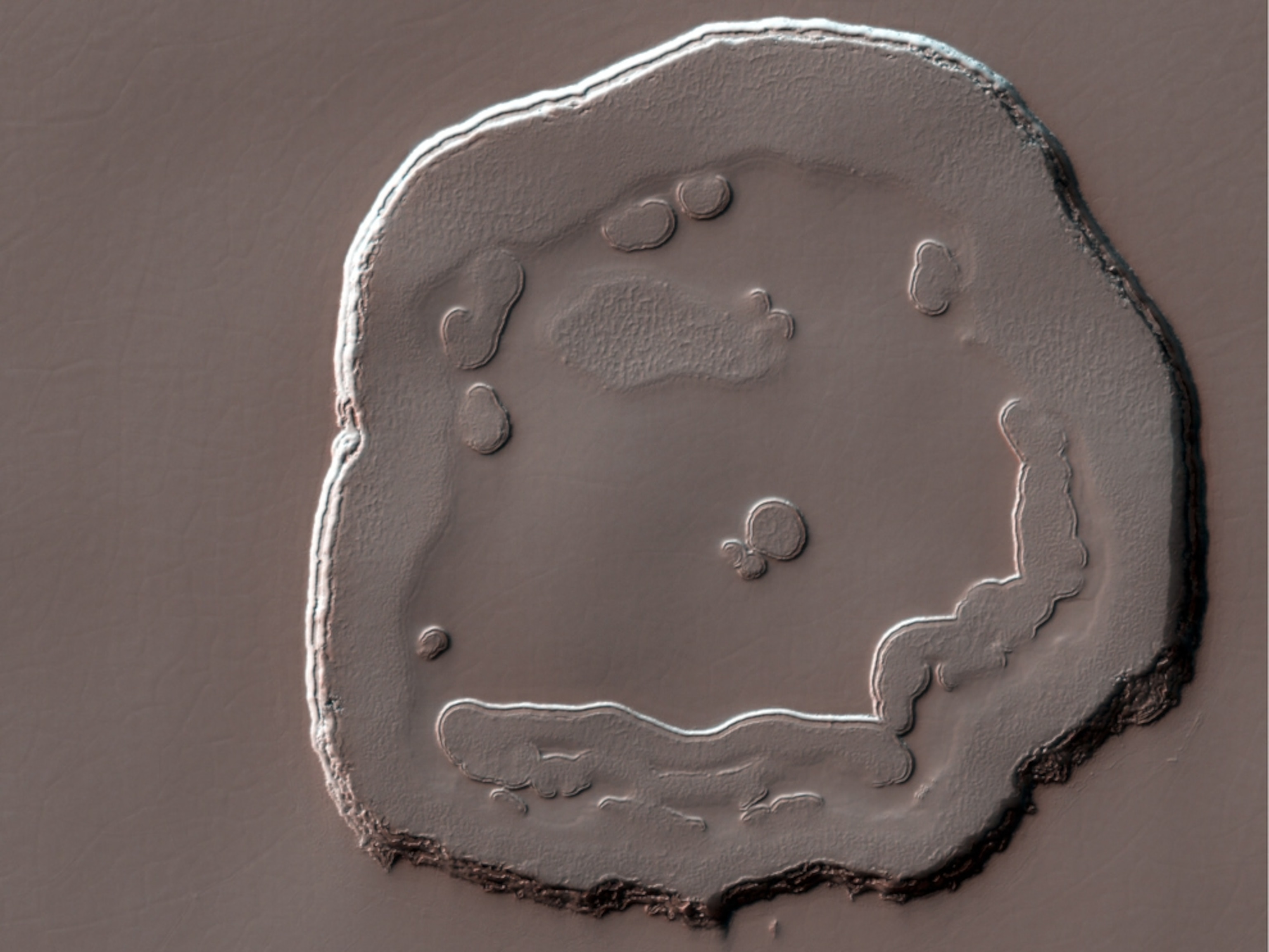 a feature on Mars that looks like a melted happy face.