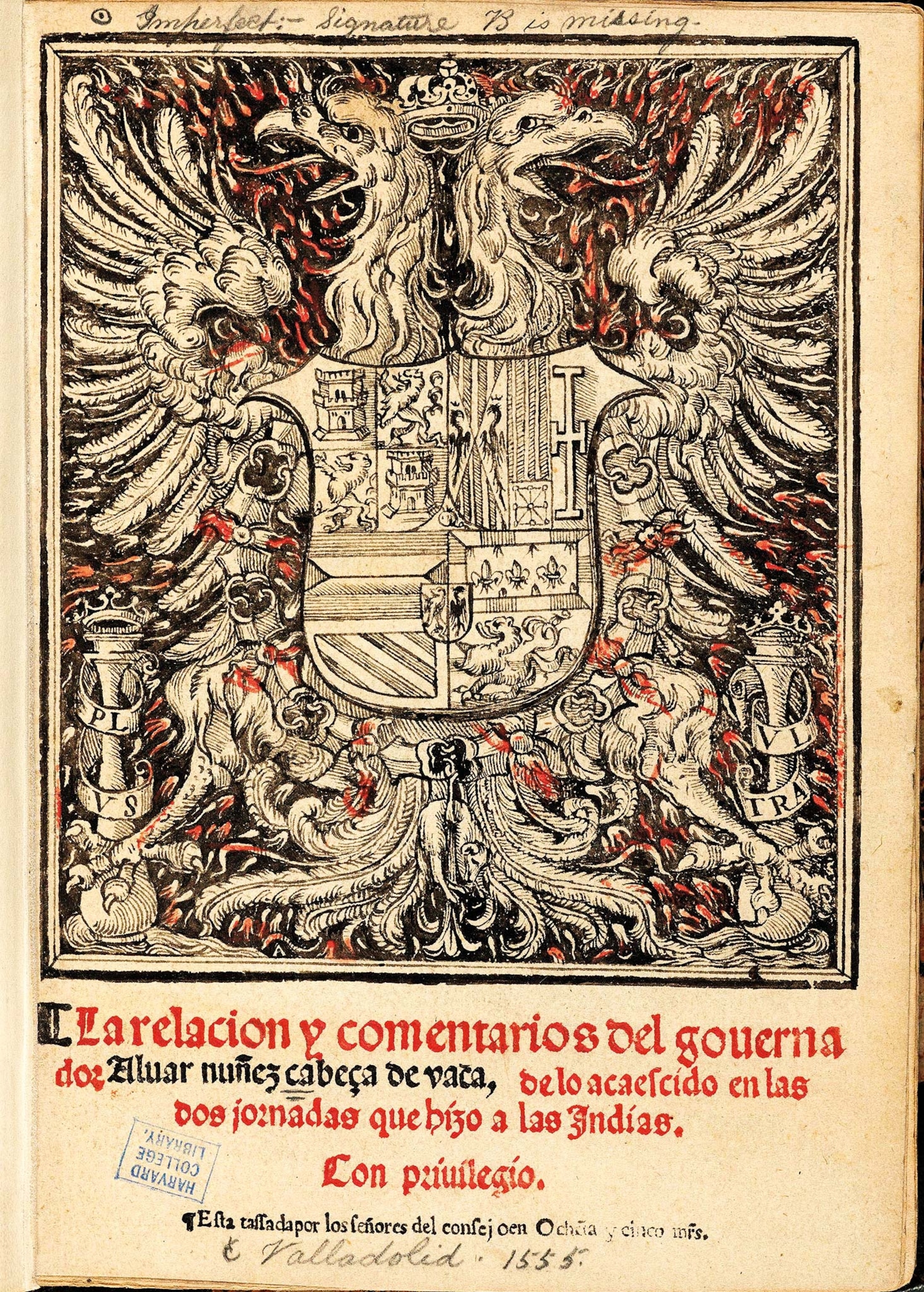 The cover of the 1555 edition of La Relación y Comentarios