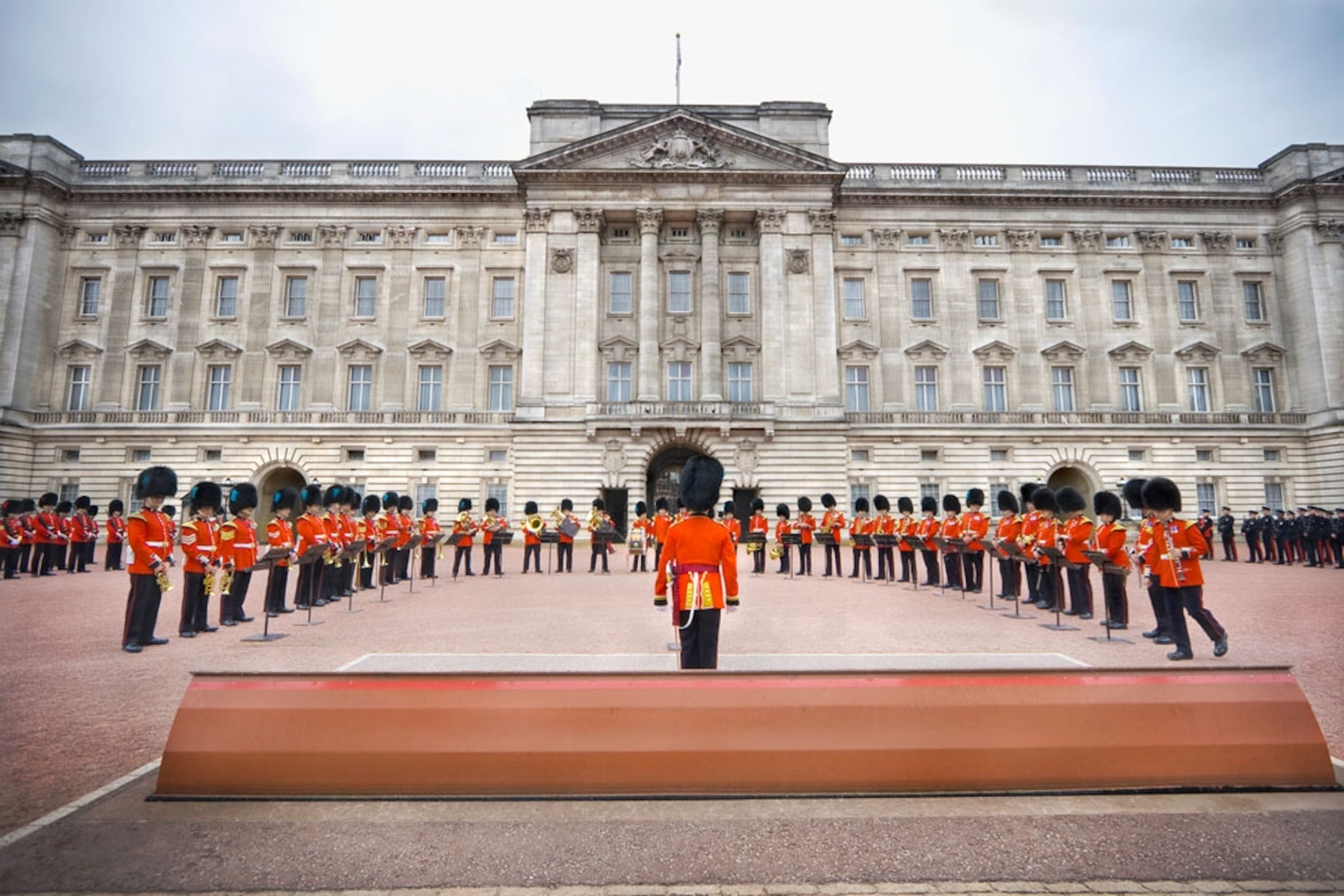 Royal guards lining up in front of Buckingham Palace, London