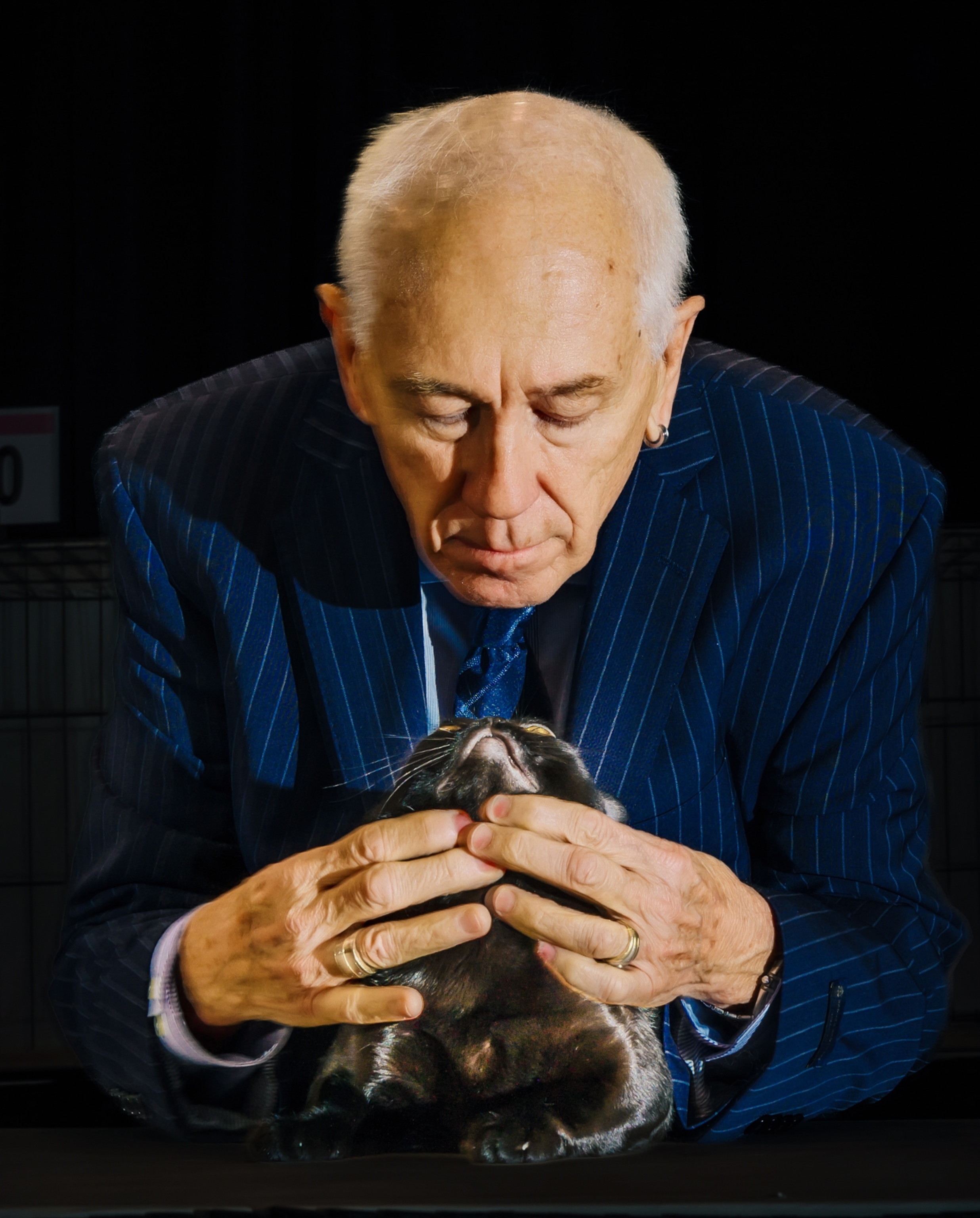 A judge wearing a blue suit, holding a cat by its neck to inspect its head and teeth