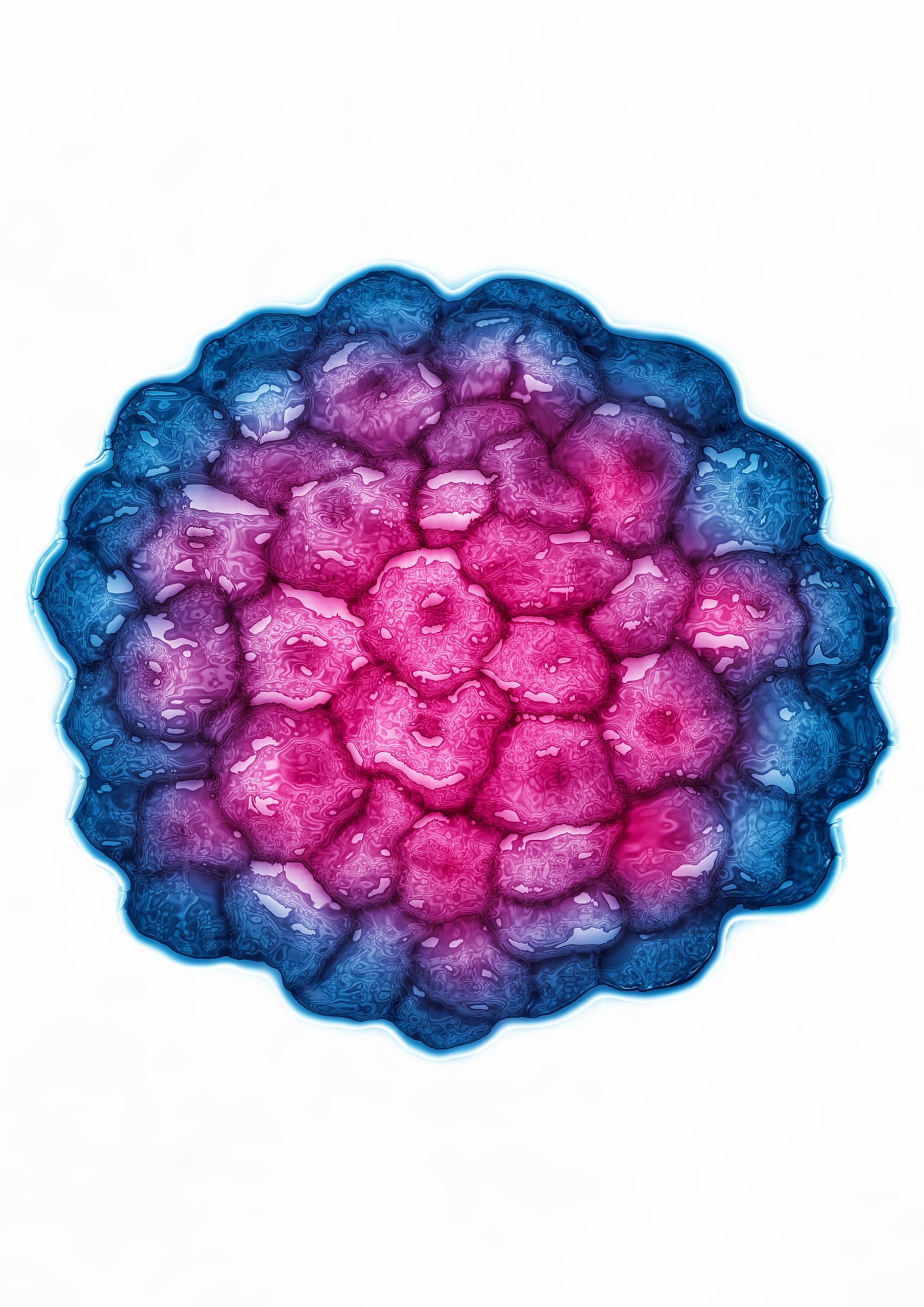 A colorized micrographic view of a clump of irregularly shaped cells