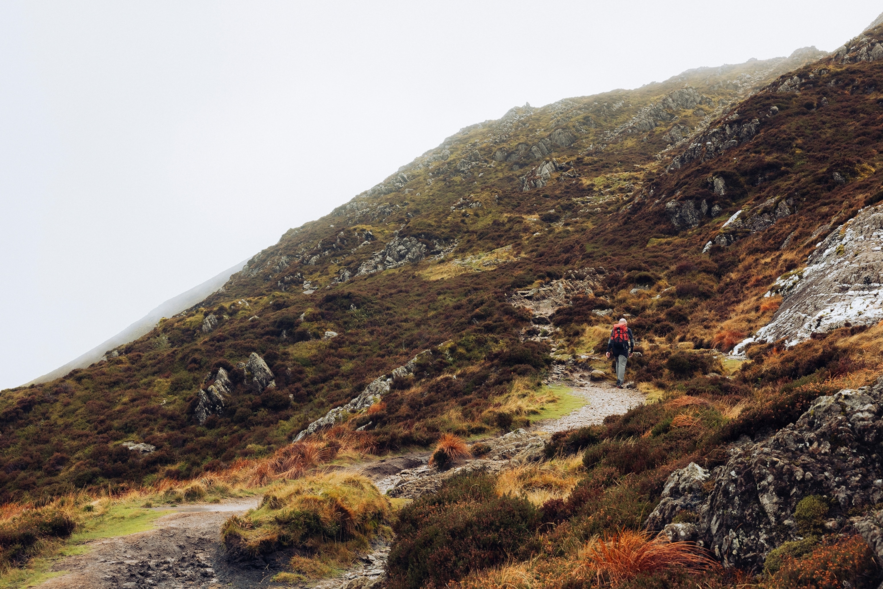 An mountain path along a bushy plateau with mist hanging over the summit.