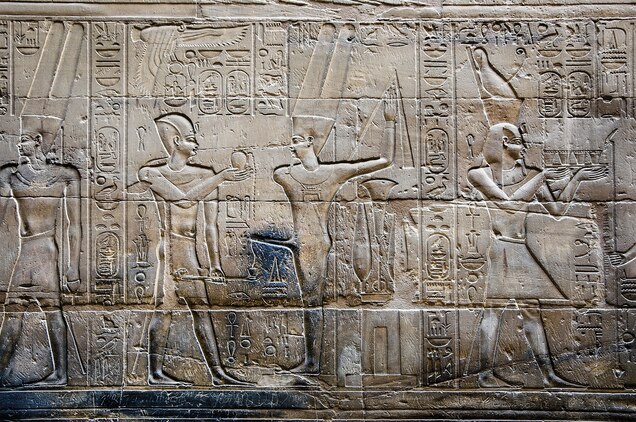 Alexandria&rsquo;s founder, represented as an Egyptian pharaoh, makes an offering to the god Amun-Re, in a relief from the Luxor Temple.