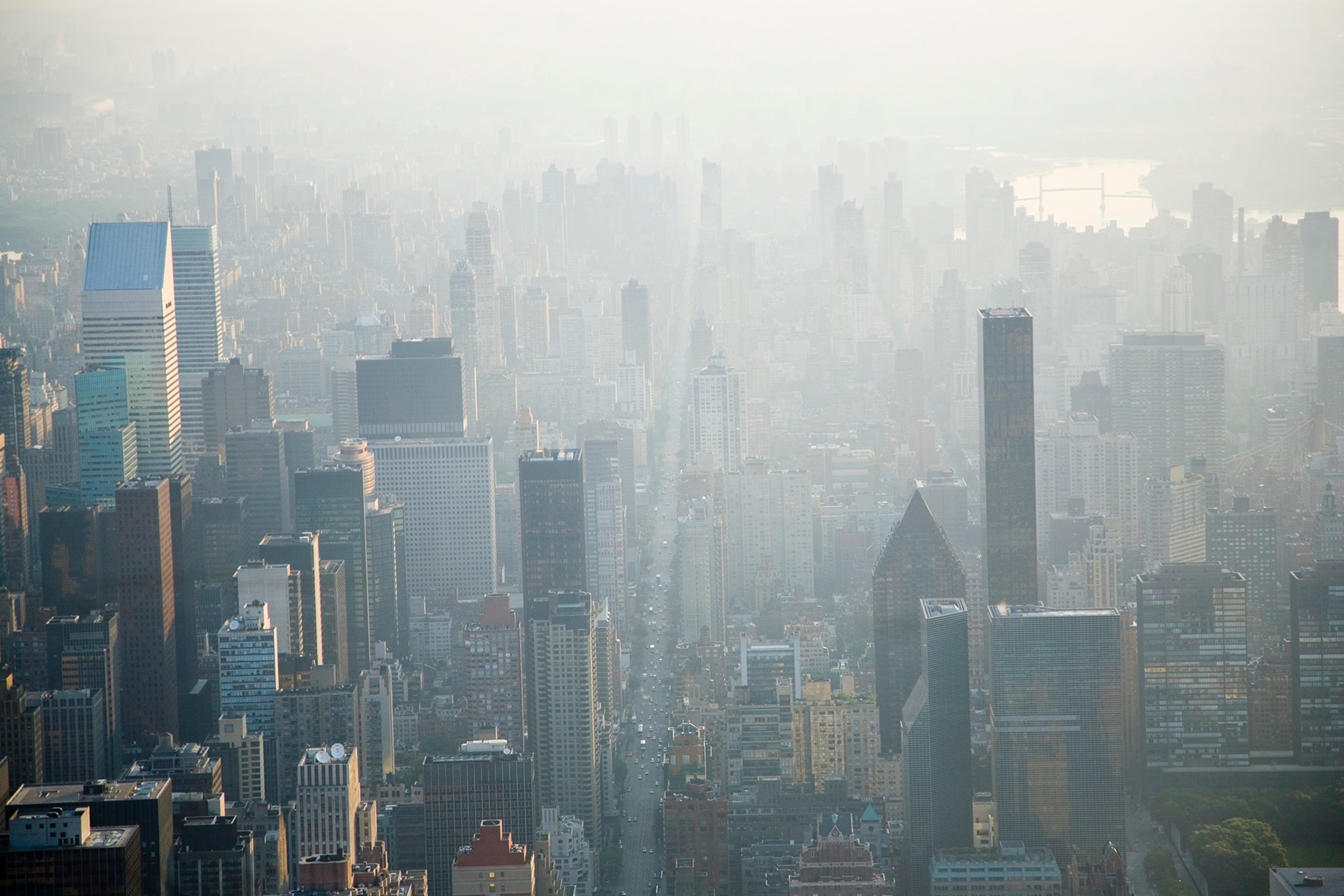 Skyscrapers in midtown Manhattan in smog