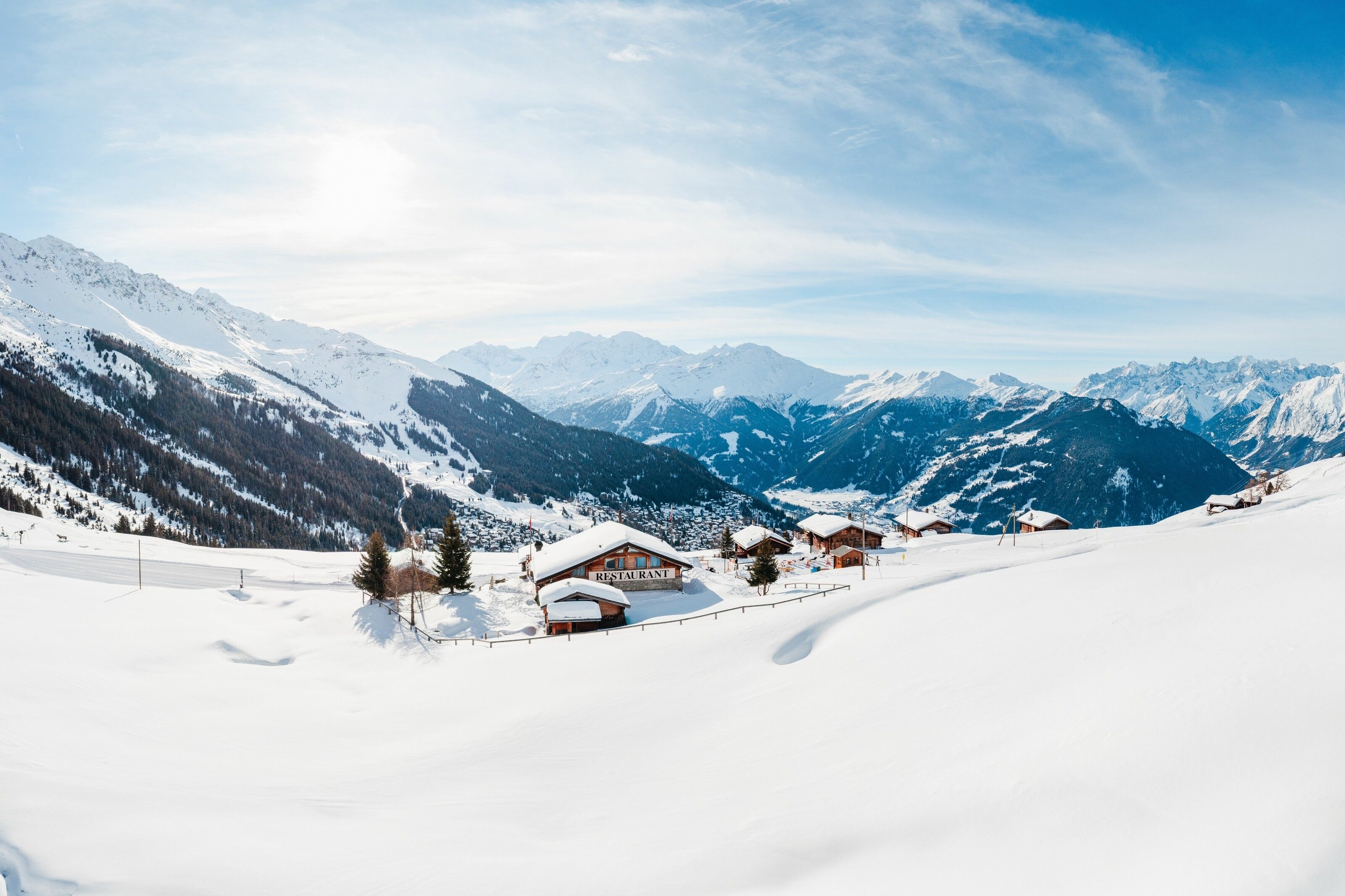 Snowy restaurant in Verbier's Savoleyres ski area.