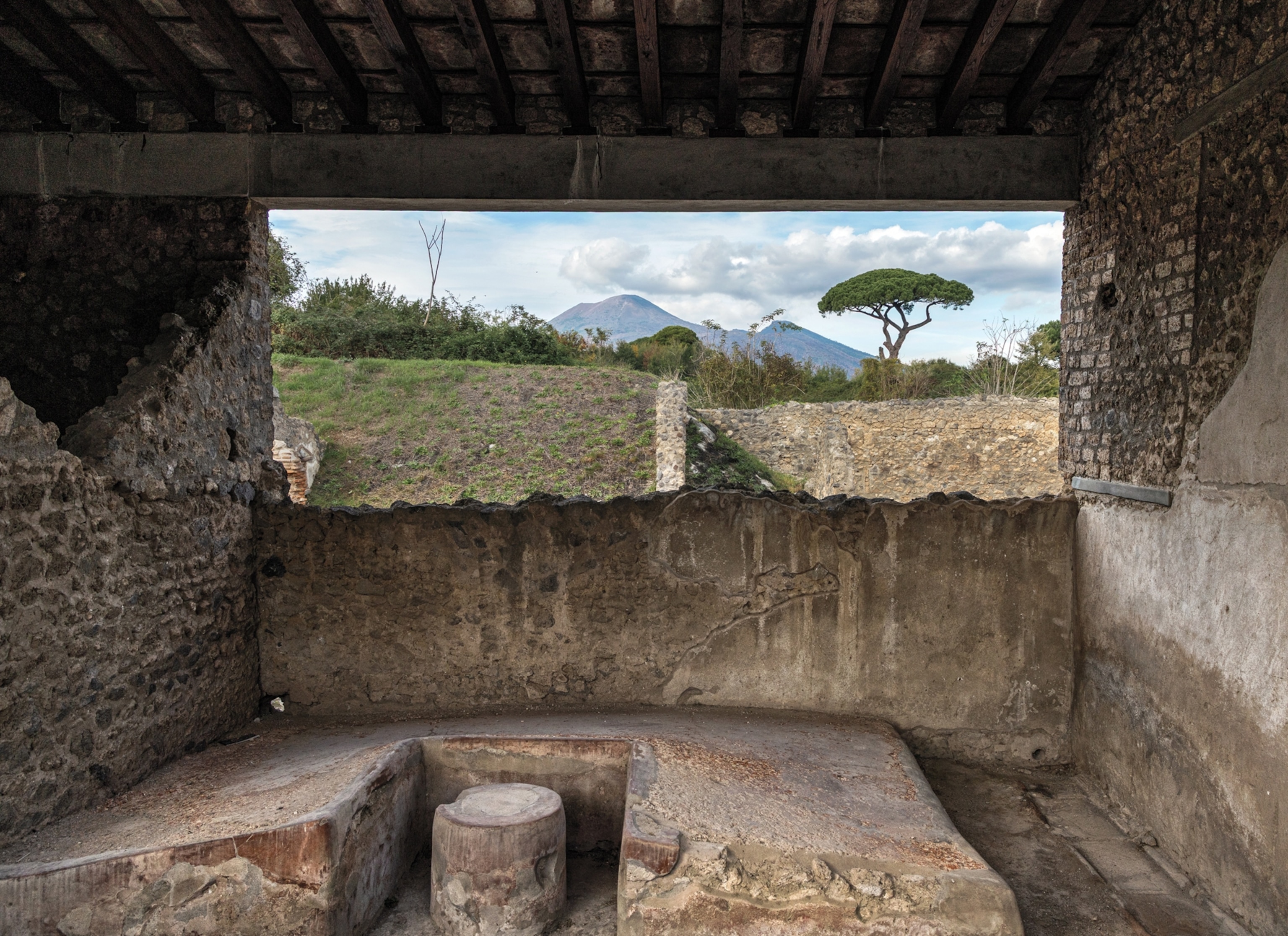 A concrete window that shows landscape in the background.
